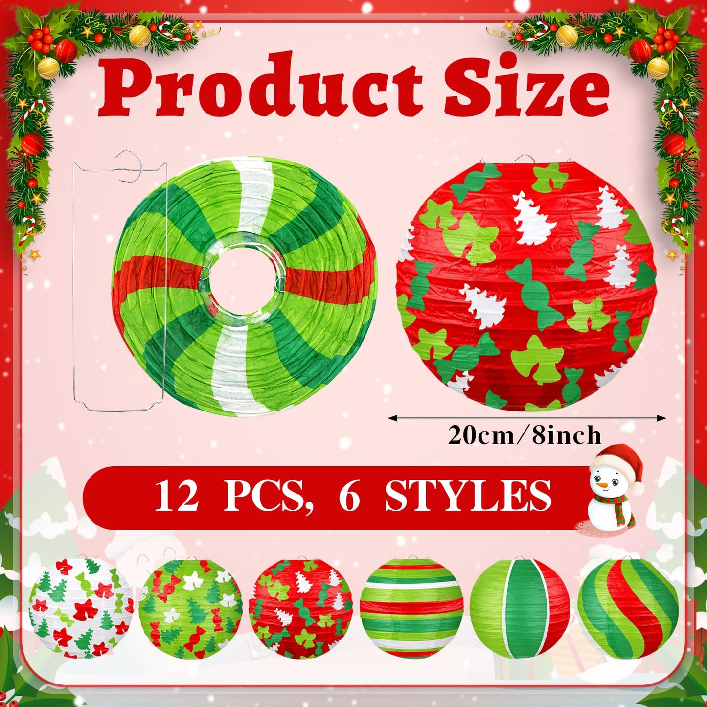 ADLKGG Christmas Party Decorations, Red Green Christmas Trees Bell Candies Printed Paper Lantern Decorative for Holiday Xmas Party Baby Shower Birthday Indoor Outdoor, 12Pcs