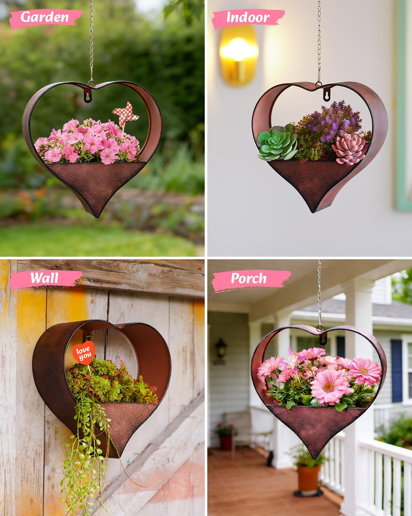 Philodwell Metal Plant Hangers Indoor and Outdoor: Easter Gifts for Mom Women Her Wife Garden Lovers Birthday - Heart Shape Hanging Planters for Window Wall Living Room Office Decor(Rustic)