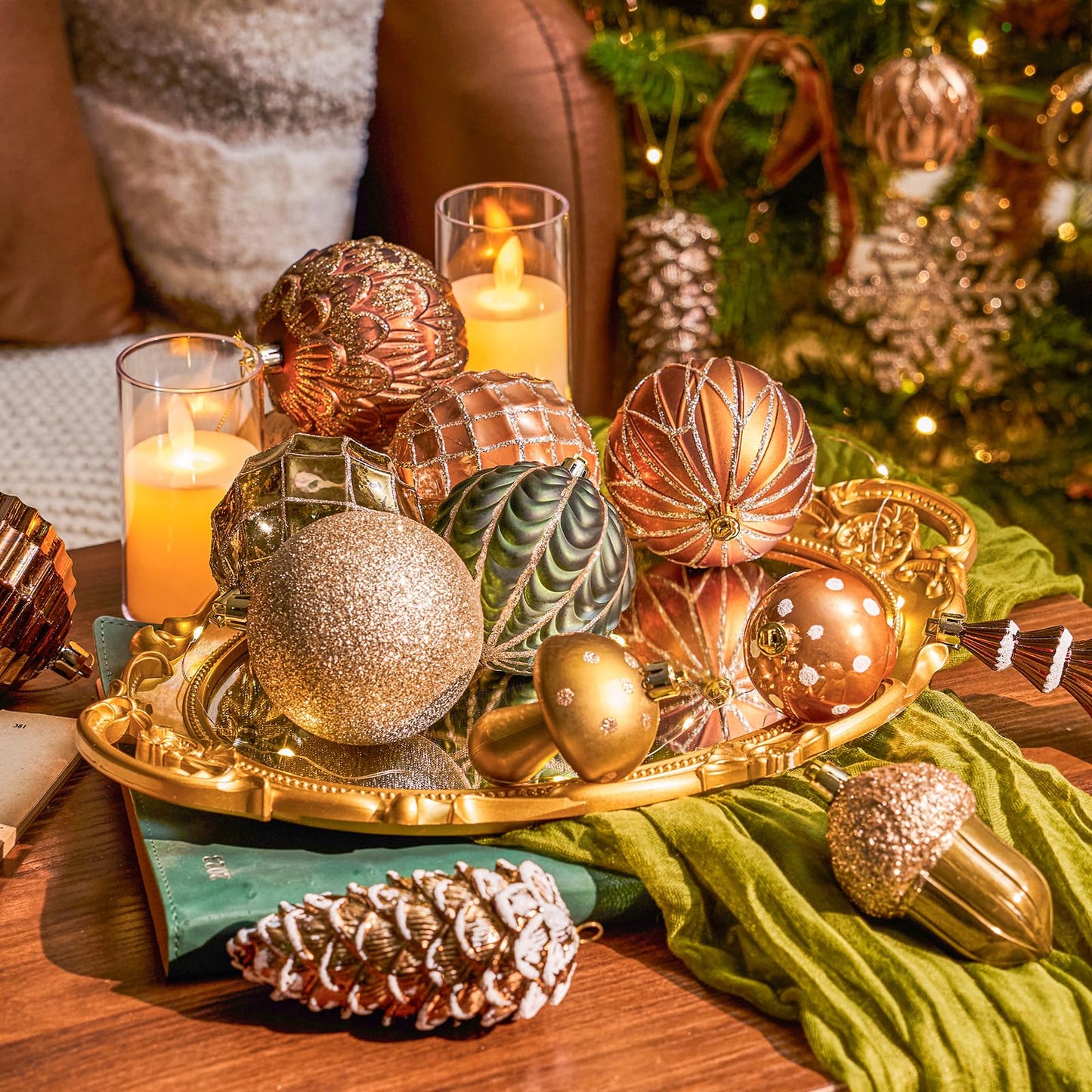 JORNOY Christmas Ornaments for Tree, Shatterproof Plastic Hanging Bulbs Set Decorations for Xmas Holiday Party with Lanyard, 36 Pack, Earth Tone