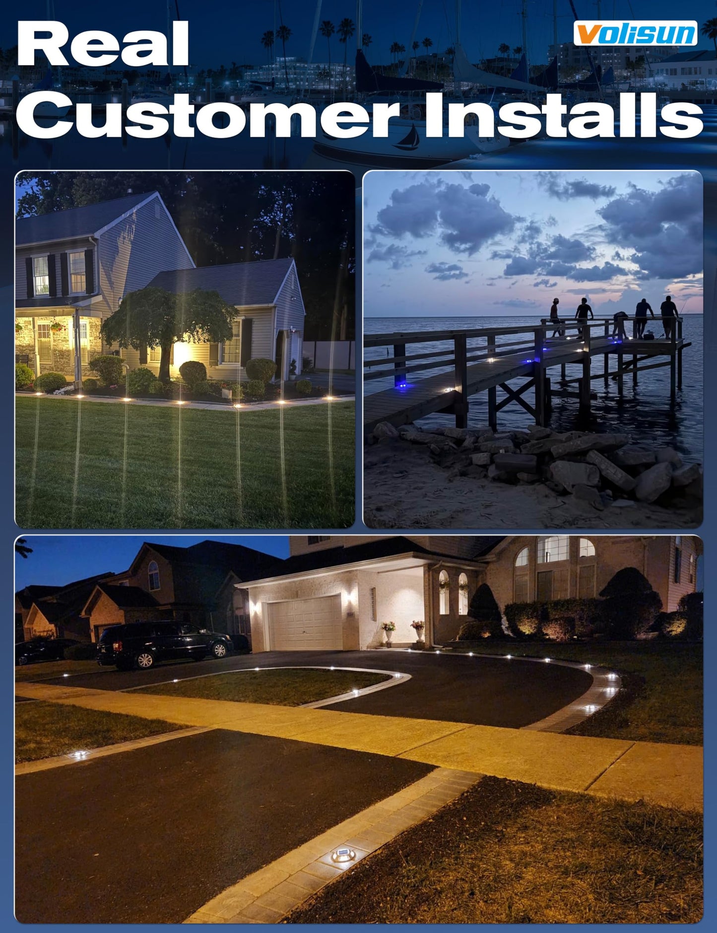 VOLISUN Solar Driveway Lights 12 Pack Waterproof Dock & Deck Marker Lights,2-in-1 Blue & White LED,IP67 Wireless Outdoor Solar Light for Driveways,Sidewalks,Pathways,and Yards