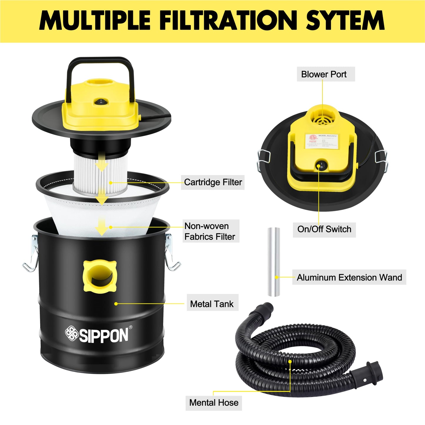 SIPPON Ash Vacuum Cleaner, Pellet Stove Vacuum Cleaner with Wheeled Base & Blower Function, 800W Powerful Suction 2.6 Gallon All-in-One Ash Vacuum for Fireplaces, Pellet Stoves