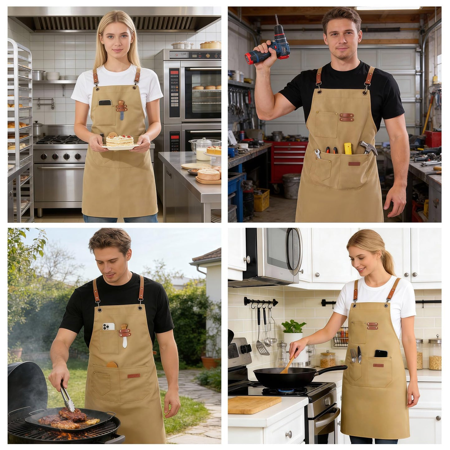 KACHUAN BEAR Chef Aprons for Men Women with 4 Large Pockets, Cotton Canvas Cross Back Adjustable Apron for Work grilling kitchen gardening (brown)