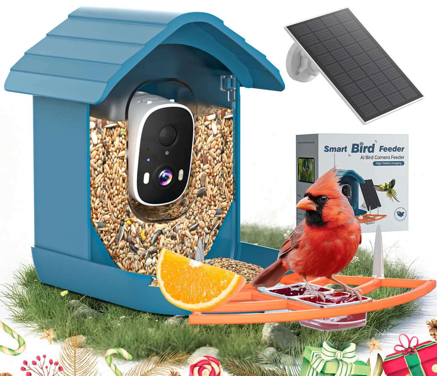 Smart Bird Feeder with Camera Solar Powered for Outdoors 2K FHD AI Recognition Hanging Bird Feeder Camera for Outside Backyard Garden, Gifts for Birdlover Mom Dad Kid (Deep Blue and Orange)