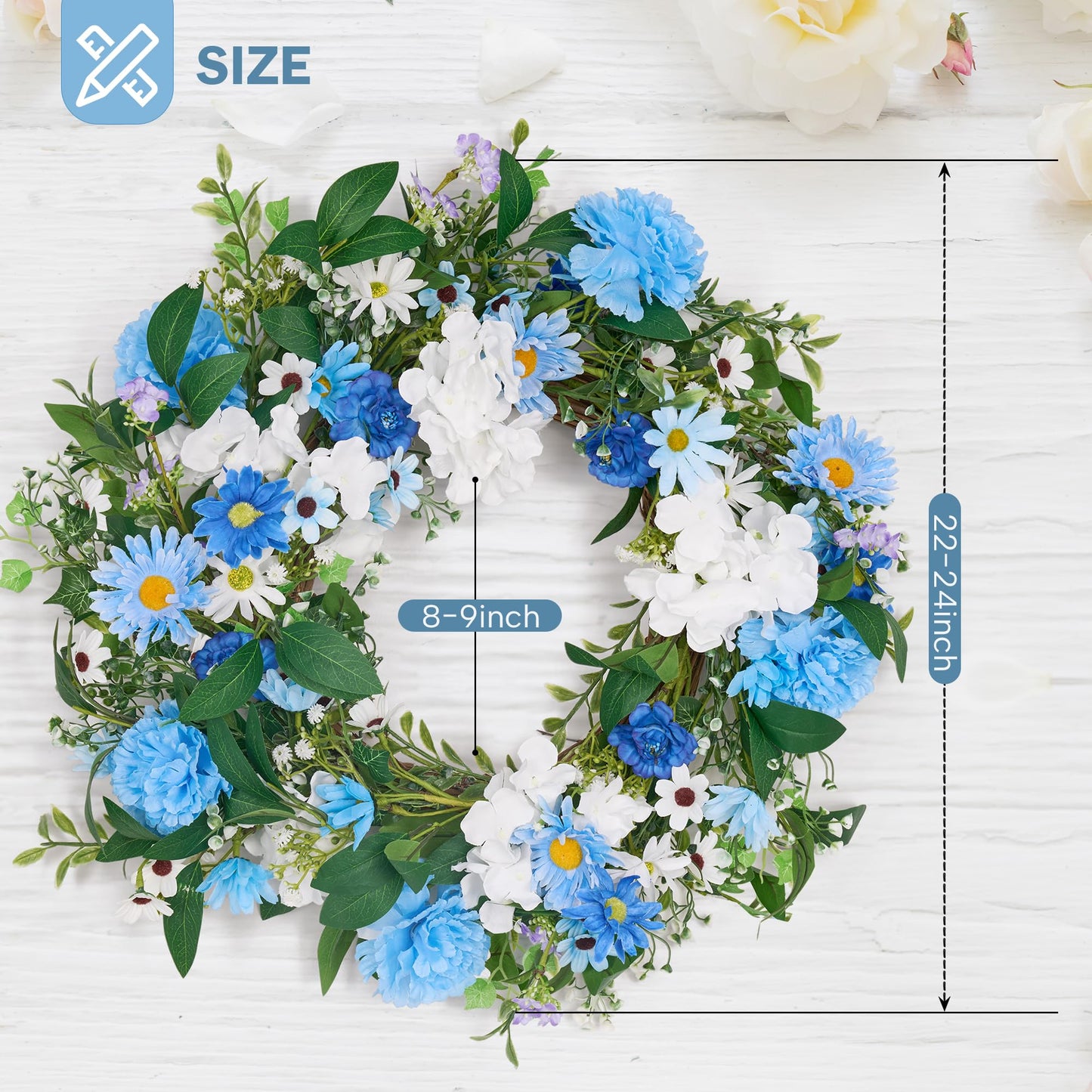 GENMOUS 24 Inch Summer Spring Blue Daisy Wreath for Front Door, Rustic and Farmhouse Flower Wreath with Myosotis sylvatica, Indoor&Outdoor Wedding Wall Home Decor