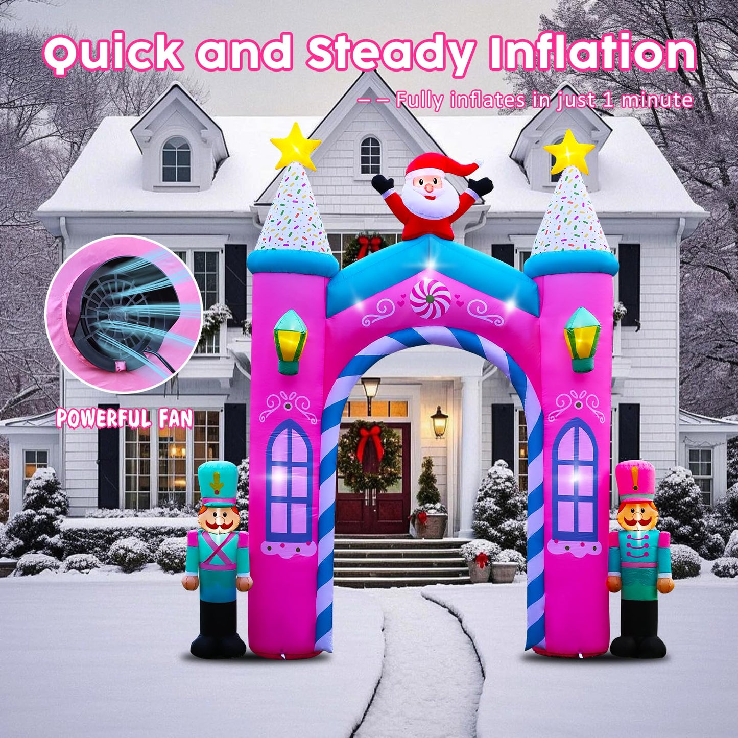 Christmas Inflatable Archway Outdoor Decoration – 12FT Nutcracker Blow Up Arch with LED Lights, Featuring Santa Claus and Festive Christmas Soldiers for Yard, Entryway, or Holiday Party