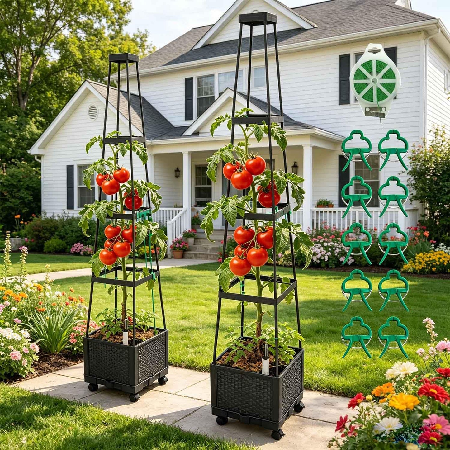 FesmTek Movable Raised Garden Bed Tomato Planter Box with Trellis and Universal Wheel Self-Watering Garden Beds Outdoor for Vegetables 2-Pack