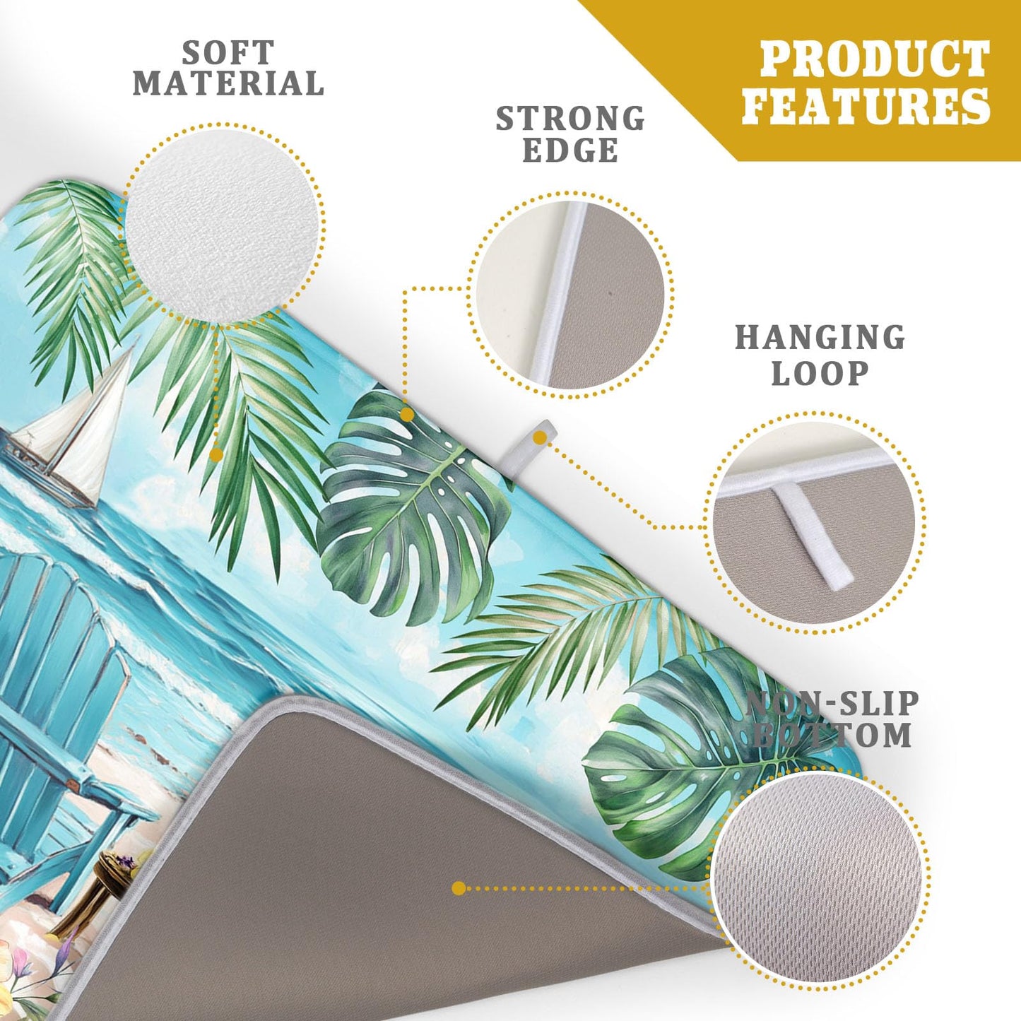 Spring Summer Sea Chair Dish Drying Mat for Kitchen Counter,Coastal Beach Palm Leaf Flowers Drying Mat 18 x 24 Inch with Absorbent Reversible Microfiber Drying Pad for Coffee Bar