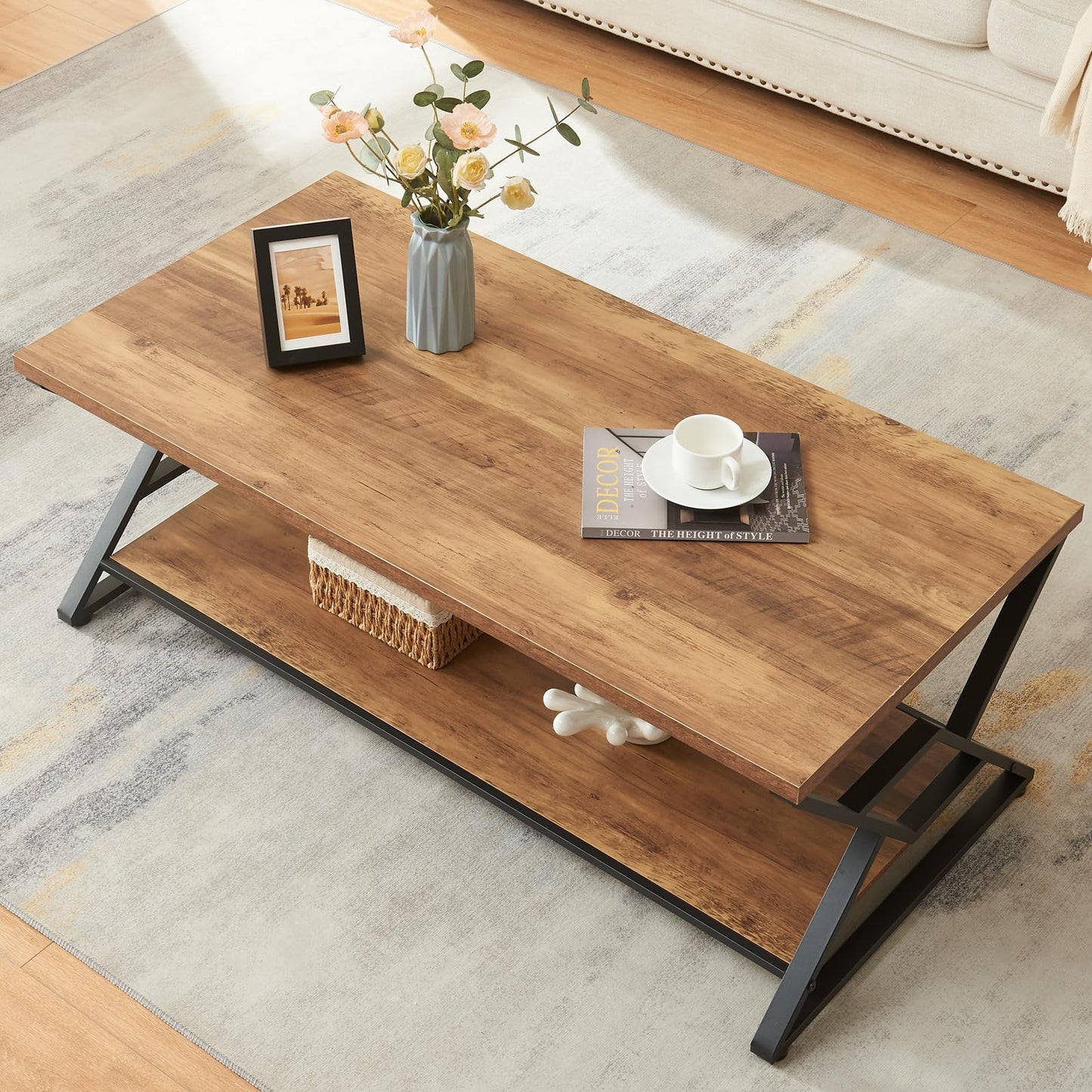 HOMISSUE Coffee Table, Rustic Rectangle Coffee Table with 2-Tier Storage, Engineered Wood Center Table with Open Shelves, Minimalist Coffee Table for Living Room, 47 Inch, Oak Brown