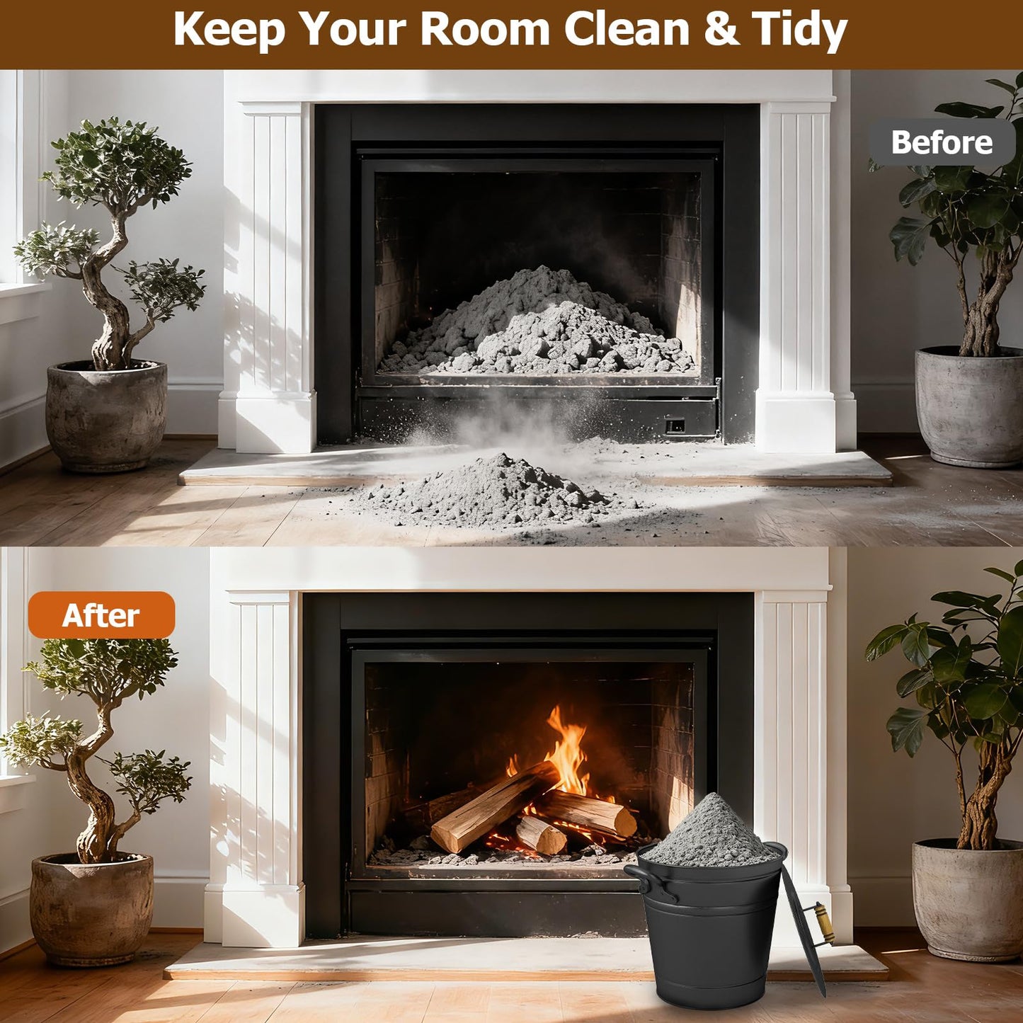 COSTWAY Ash Bucket with Lid Set of 2, 2.9 Gallon Metal Coal Ash Can w/Wooden Lid, Side Grips, Indoor & Outdoor Fireplace Ash Tool Cleaning Bucket for Fireplace Fire Pits Wood Burning Stoves, Black