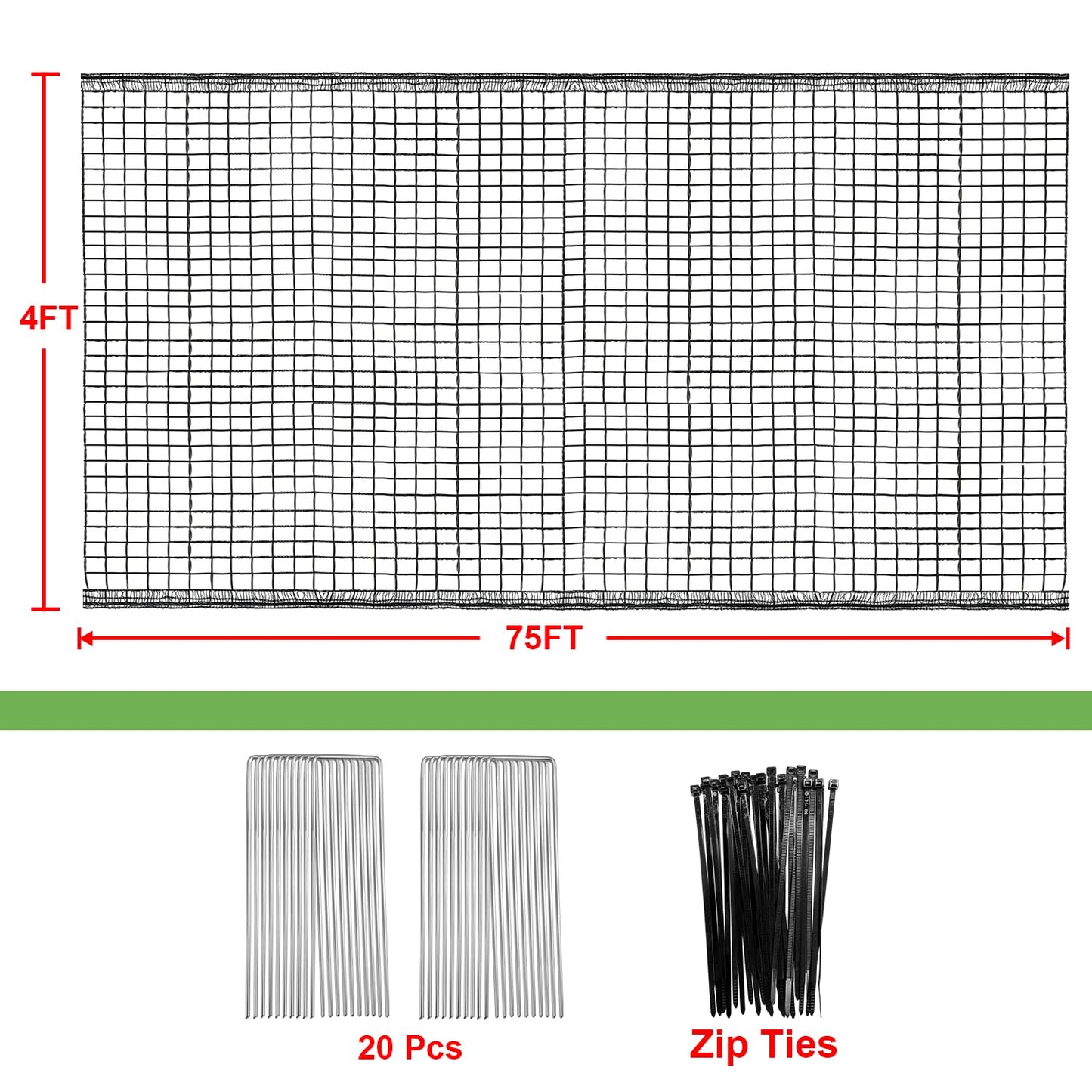 Deer Fence Netting, 4 x 75ft Heavy Duty Plastic Mesh Deer Netting, 55GSM Deer Fence for Garden, Reinforced Edges Anti Bird Netting Mesh for Trees Vegetable Raised Bed(55GSM, 4 x 75ft)