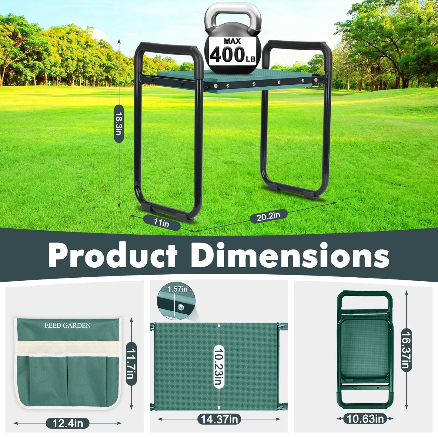 FEED GARDEN Garden Kneeler and Seat, Upgraded Foldable Gardening Stool with 10.23" Wide Kneeling Pad, Heavy Duty Gardening Bench Chair with 2 Tool Pouches, Gardening Gifts for Seniors Mom Women Men