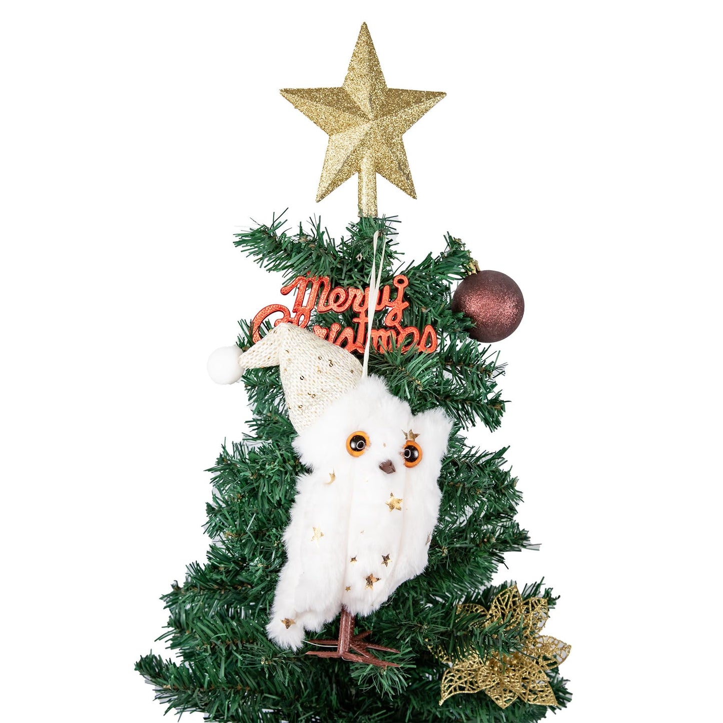 Cartanfill-Christmas Tree Owl Ornaments Set with Gold Star Topper, Plush Decorative Winter Birds, Pink Mint Brown White (A 2PC)