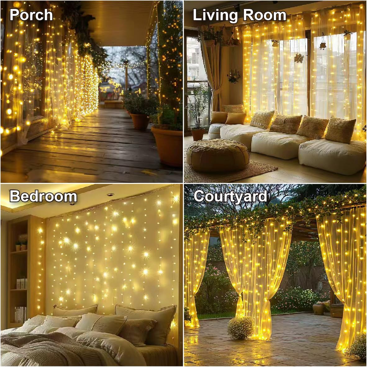 HXWEIYE 300LED Fairy Curtain Lights, 9.8x9.8Ft USB Plug-in 8 Modes Christmas String Hanging Lights with Remote for Bedroom Backdrop Wedding Indoor Wall Decor, Warm White, Standard – 1 Pack