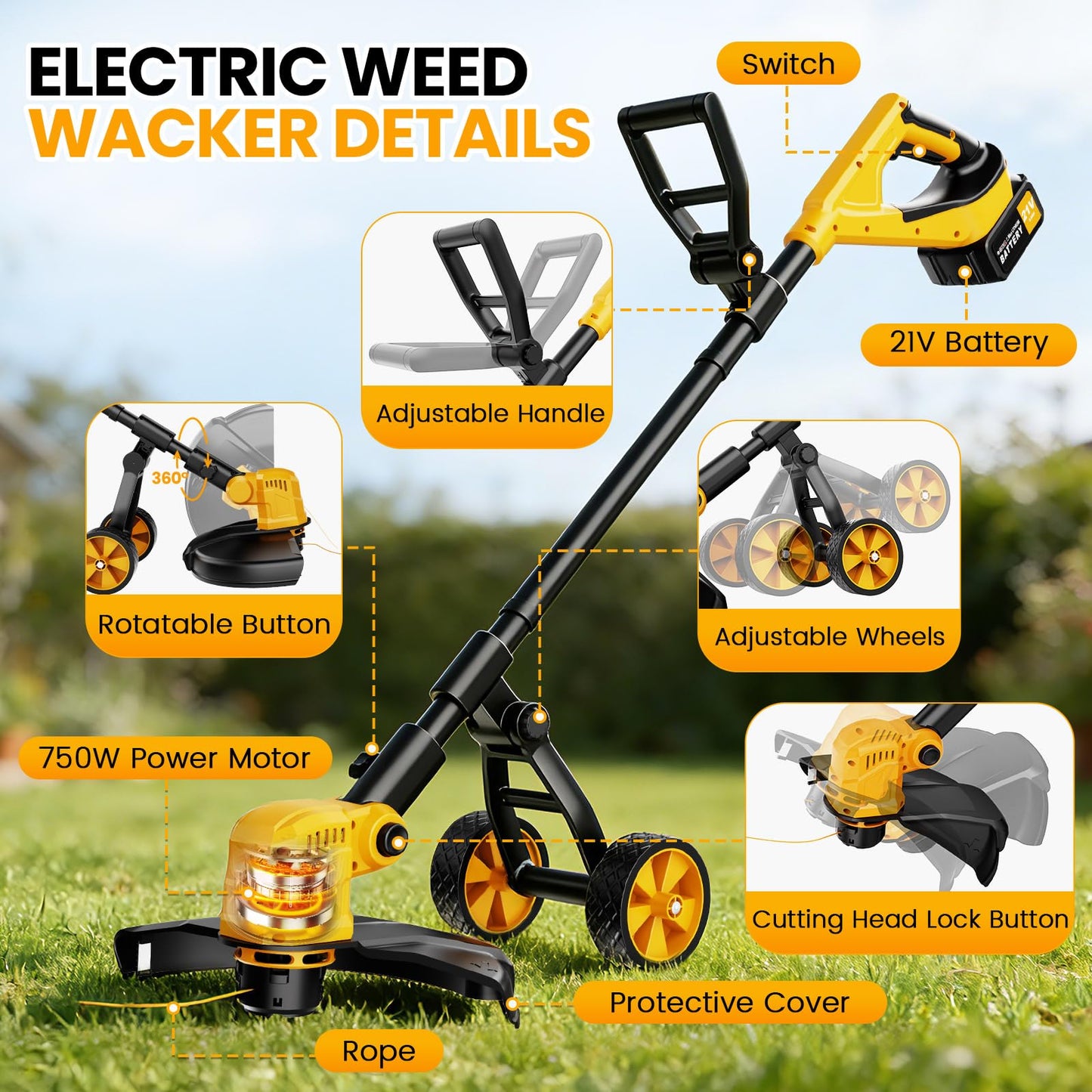 Cordless String Trimmer with Wheels, 14-Inch 2x3.0Ah 21V Battery Powered Weed Eater, Electric Lawn Mower Weed Wacker, Brush Cutter Grass Trimmer for Garden Yard