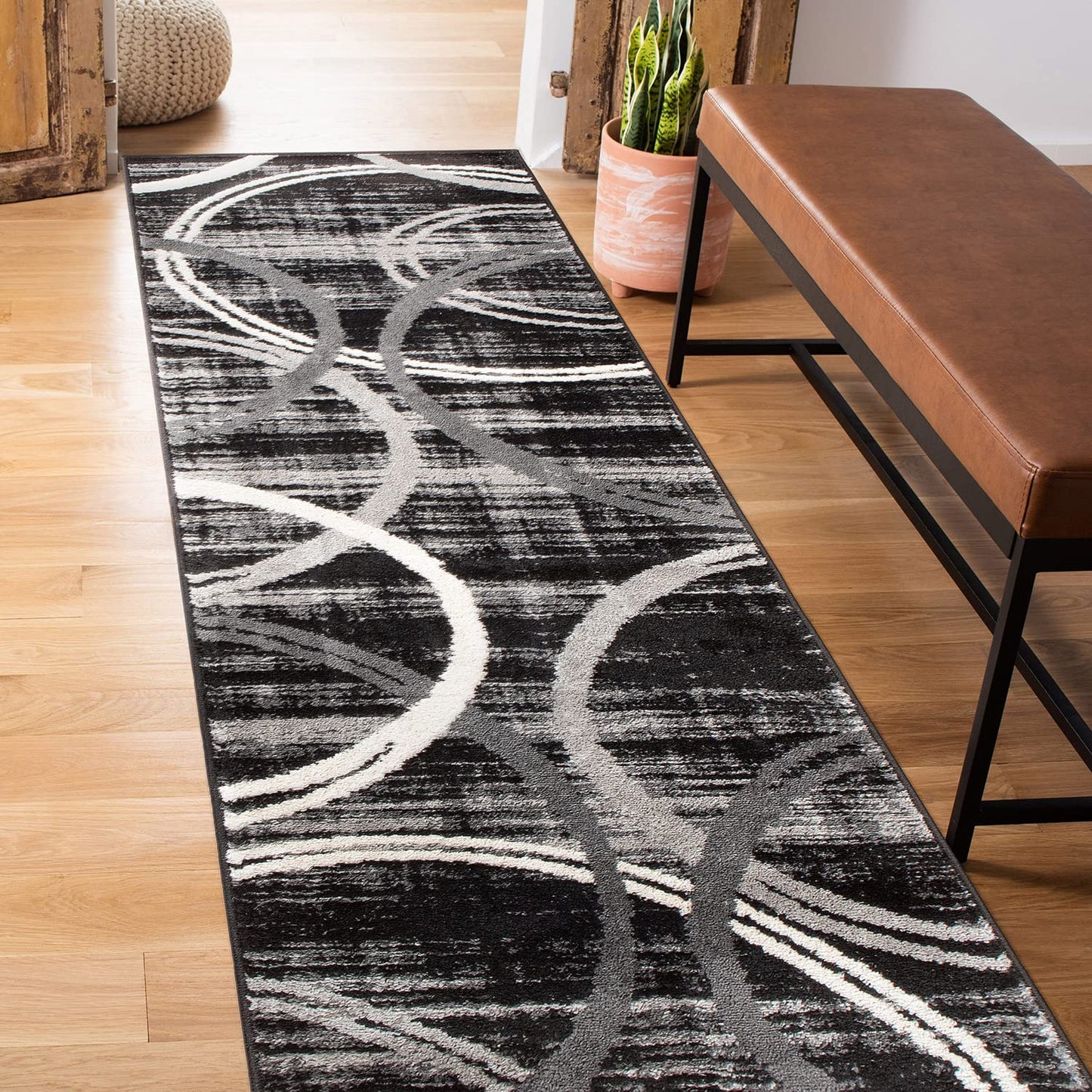 Rugshop Modern Wavy Circles Design Runner Rug, Non-Shedding Carpet for Hallway, Entryway, or Kitchen, Black, 2' x 7'2"