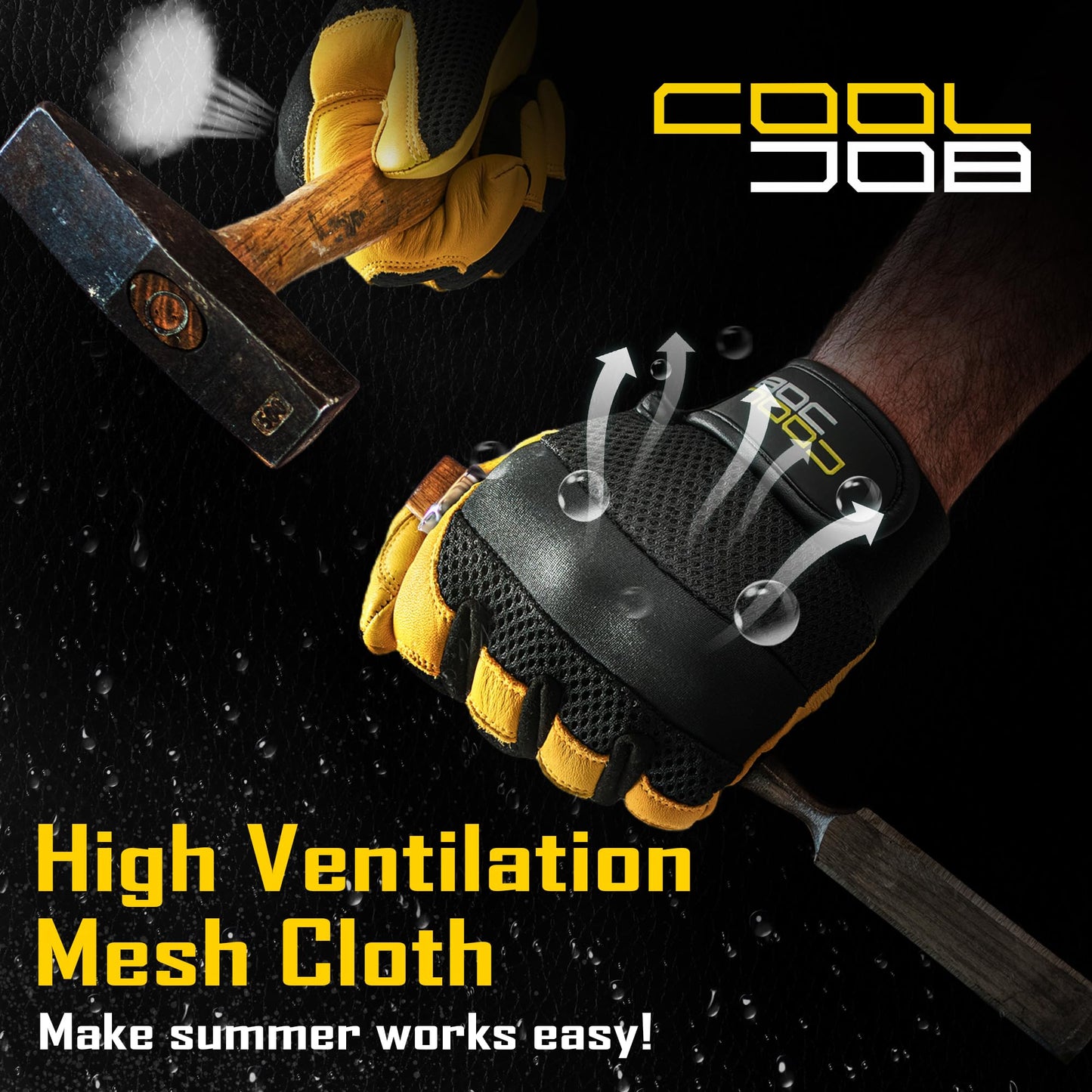 COOLJOB Breathable Mesh Cowhide Leather Work Gloves with Grip, Thorn Resistant Gloves for Gardening Pruning, 1 Pair, M