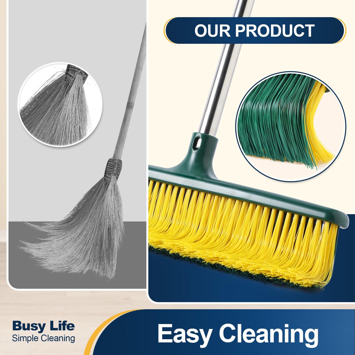 Yocada Heavy Duty Outdoor Broom Commercial Broom Garden Leaf Rake with Curved Bristles Adjustable Long Handle Indoor Outdoor for Yard Deck Garden Garage Lobby Lawn Sidewalk Leaves 58.7 Inch