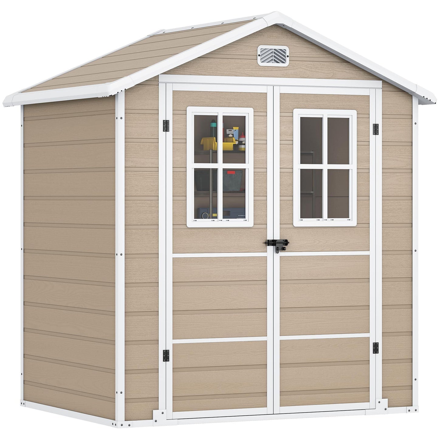 DWVO 6x4.4 FT Outdoor Storage Shed, Plastic Garden Tool Shed with 2 Windows, Double-Wall Outside Shed for Lawn Mower, Garden Tool for Backyard, Patio, Lockable, Beige