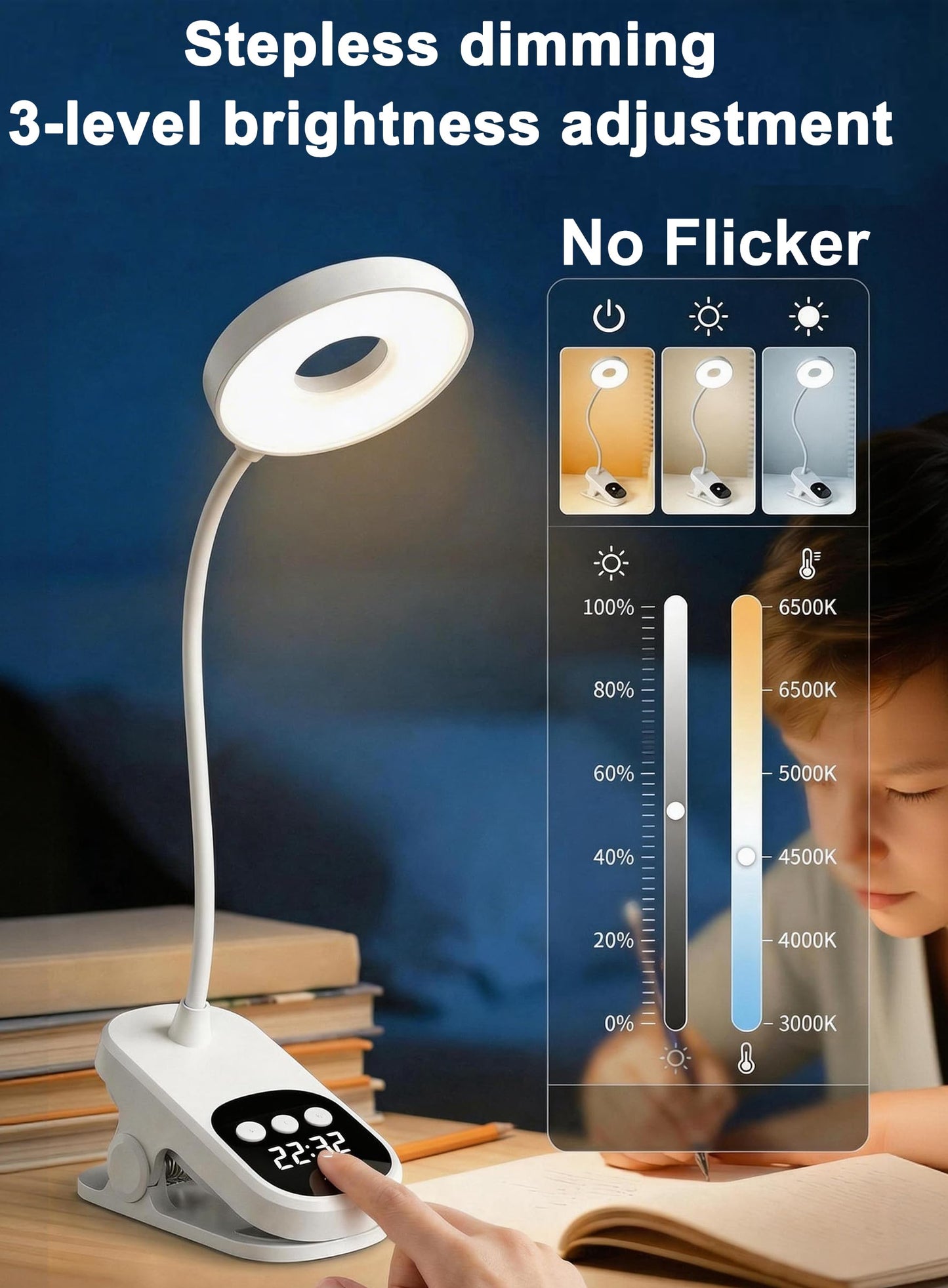 Wireless Clip on LED Desk Lamp, 1800mAh Rechargeable Eye-Caring Bedside Reading Light with Clock & Timer, 3 Color Temperatures 360° Rotatable for Dorm Room Home Office Camping Blackout (White)