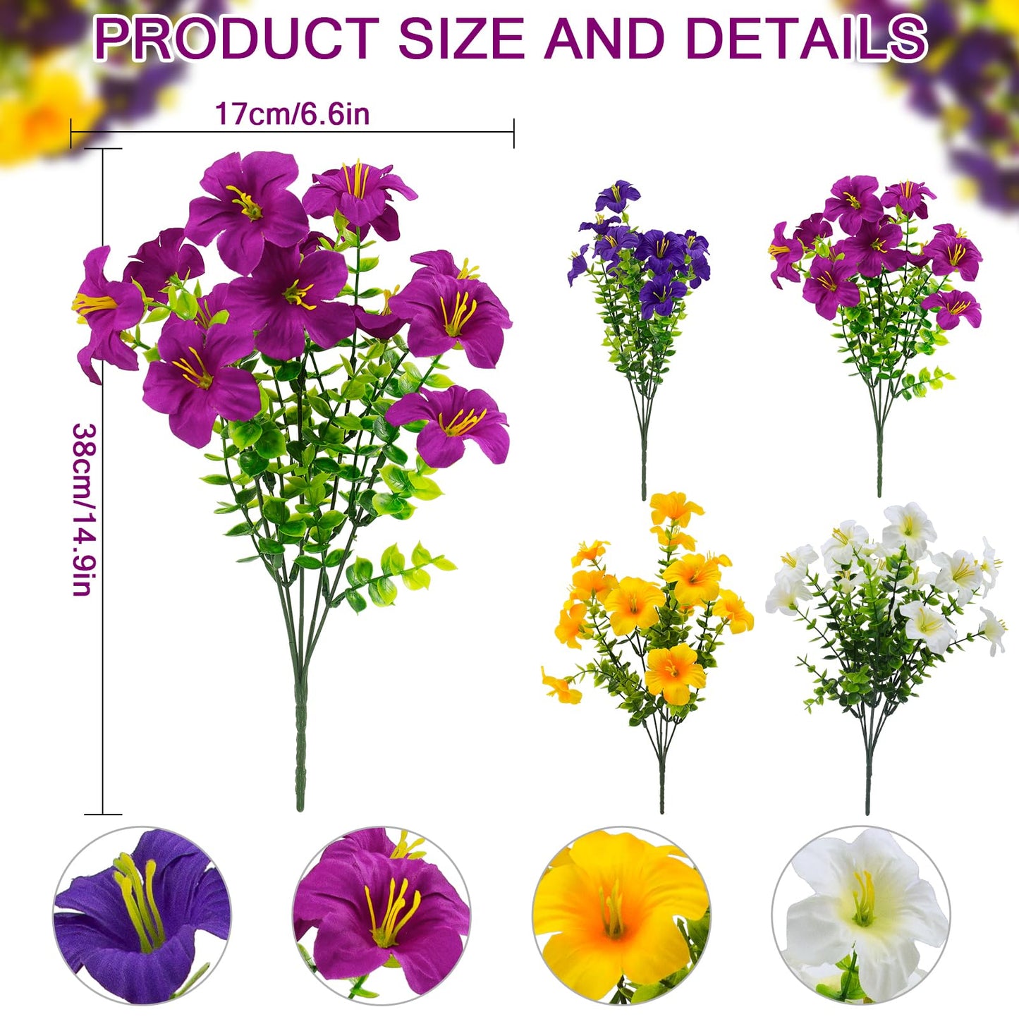 2 Set Artificial Outdoor Flowers with Hanging Baskets,24 Pcs UV Resistant Faux Petunias Flowers with Hanging Planter for Front Door Porch Spring Outside Decor (2, White,Yellow,Purple,RedViolet)
