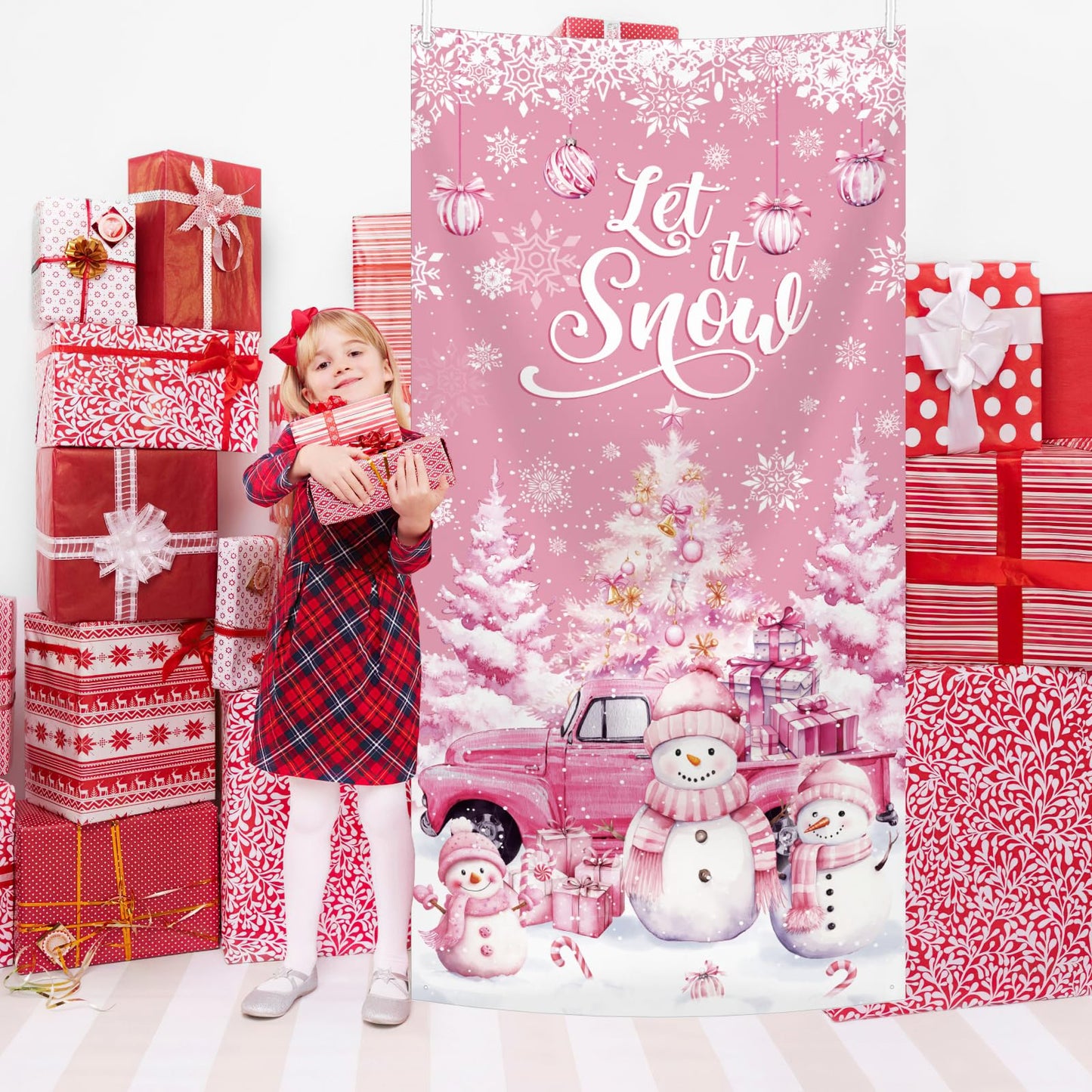 MEHOFOND 35x71inch Let it Snow Christmas Door Cover, Winter Pink Snowman Front Door Decoration, Winter Wonderland Snowman Backdrop Holiday Christmas Birthday Baby Shower Party Decor Photo Booth Props