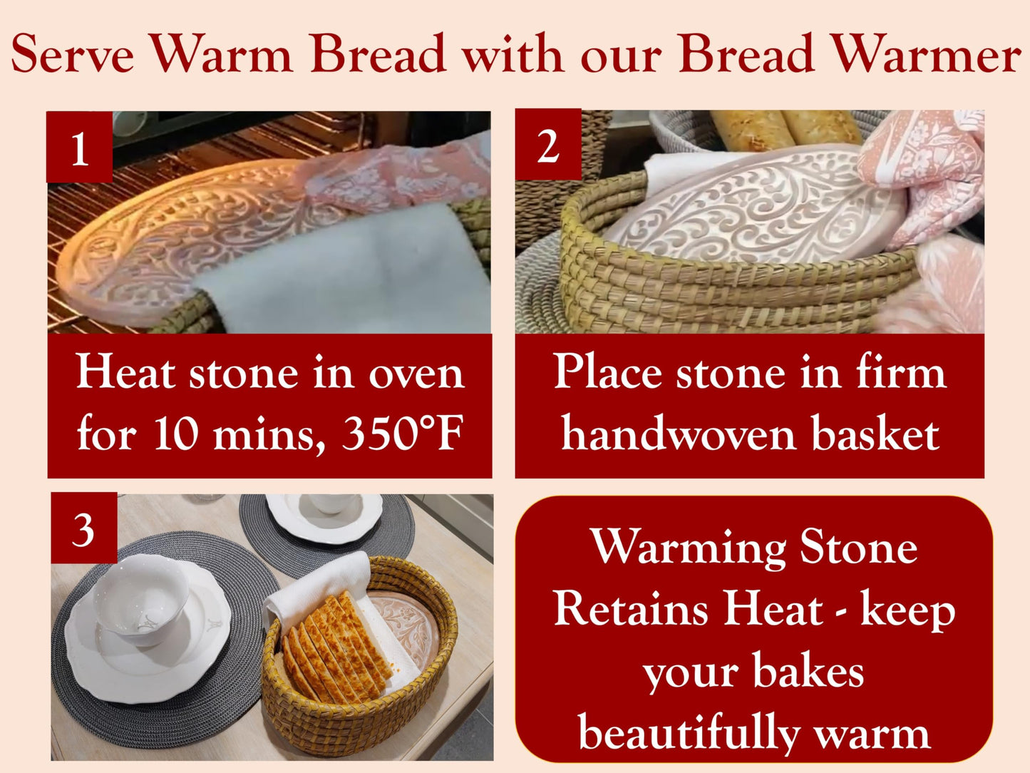 Bread Warmer Basket with Stone - Bread Baskets for Serving Rolls Warming Tortilla, Gift for Bakers Sourdough, Hostess Gifts New Home, Mom Dad Birthday