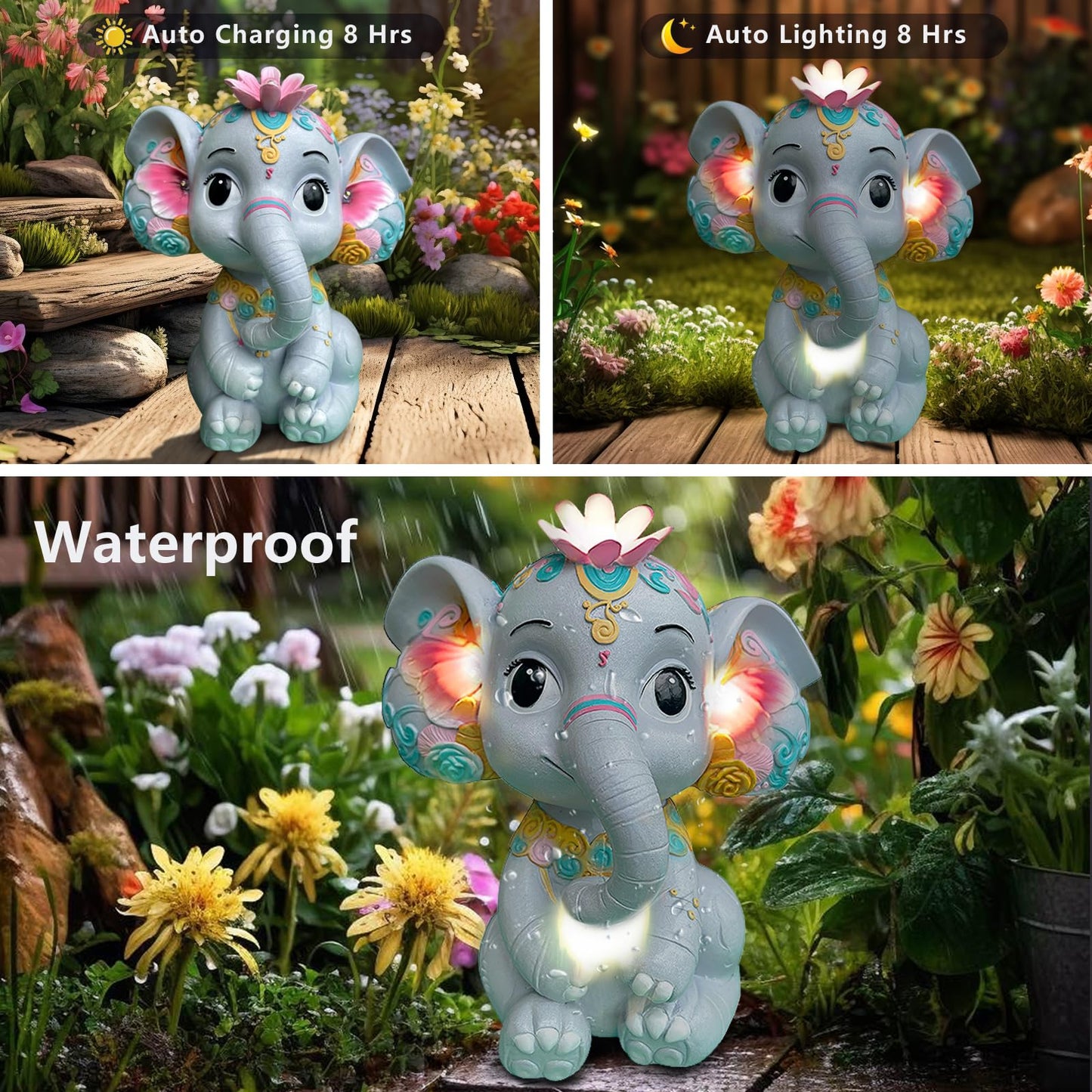 Sgreatiny Solar Garden Elephant Statue with 4 LED Lights, Outdoor Lawn Decor for Patio, Yard, Balcony, Waterproof Resin Ornament, Ideal Gift for Mom, Grandma, Women (Housewarming, Birthday, Christmas)