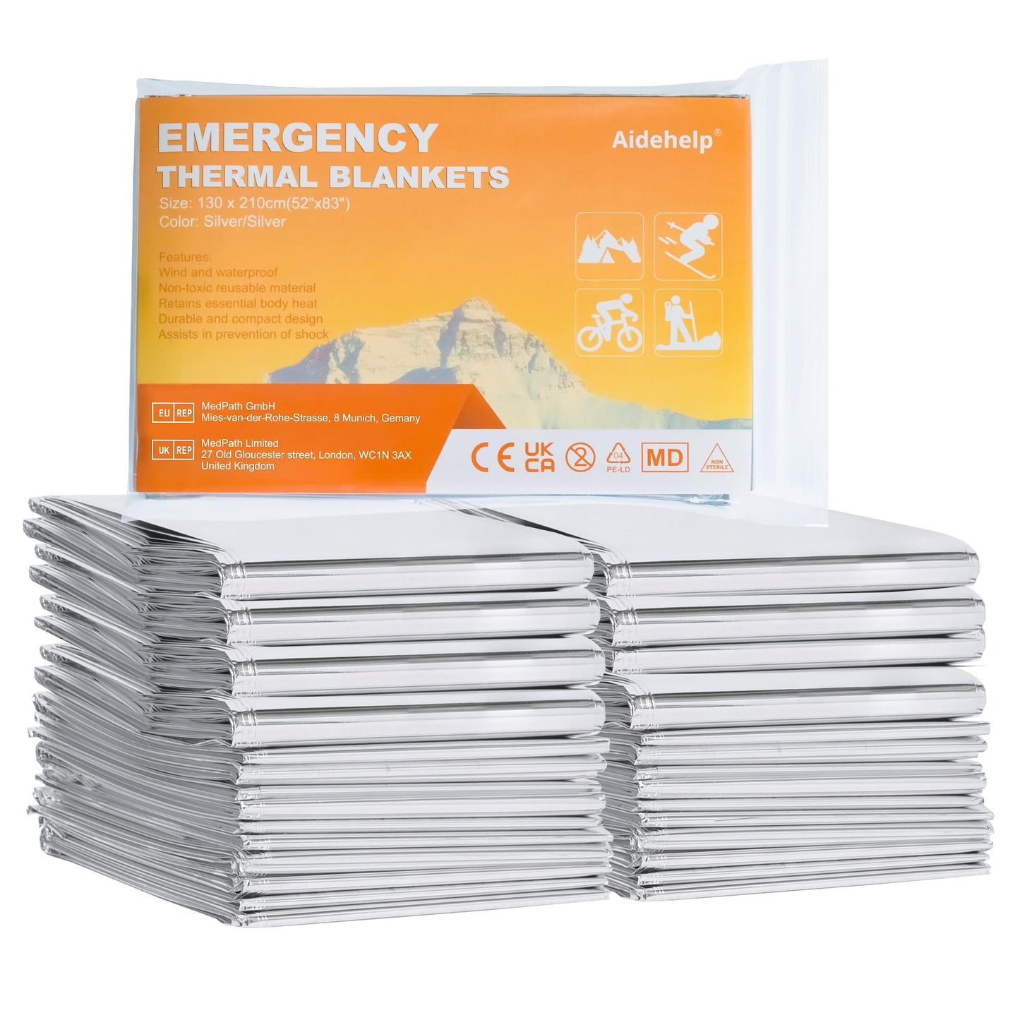 Aidehelp 24 Pack Emergency Blankets - Mylar Thermal Space Blankets for Survival and Protection - Ideal for Camping, Outdoors, Hiking, Rescue, Marathons