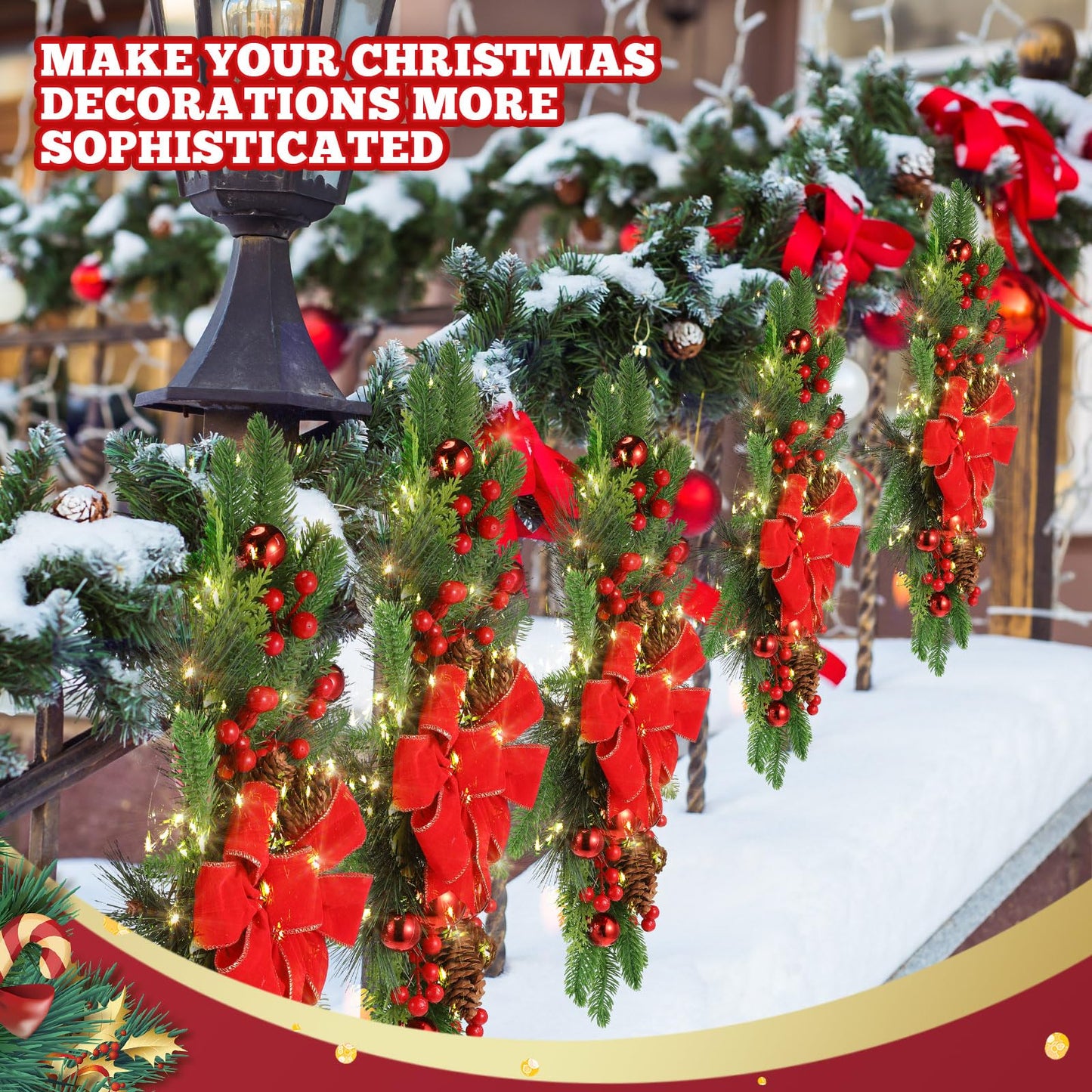 Lyrow 2 Pack Christmas Artificial Swags 24" Xmas The Cordless Prelit Stairway Swag Teardrop Trim Wreath Door Stair Garland Christmas Wreath for Outdoor Home Garden Decor (Red Ribbon)