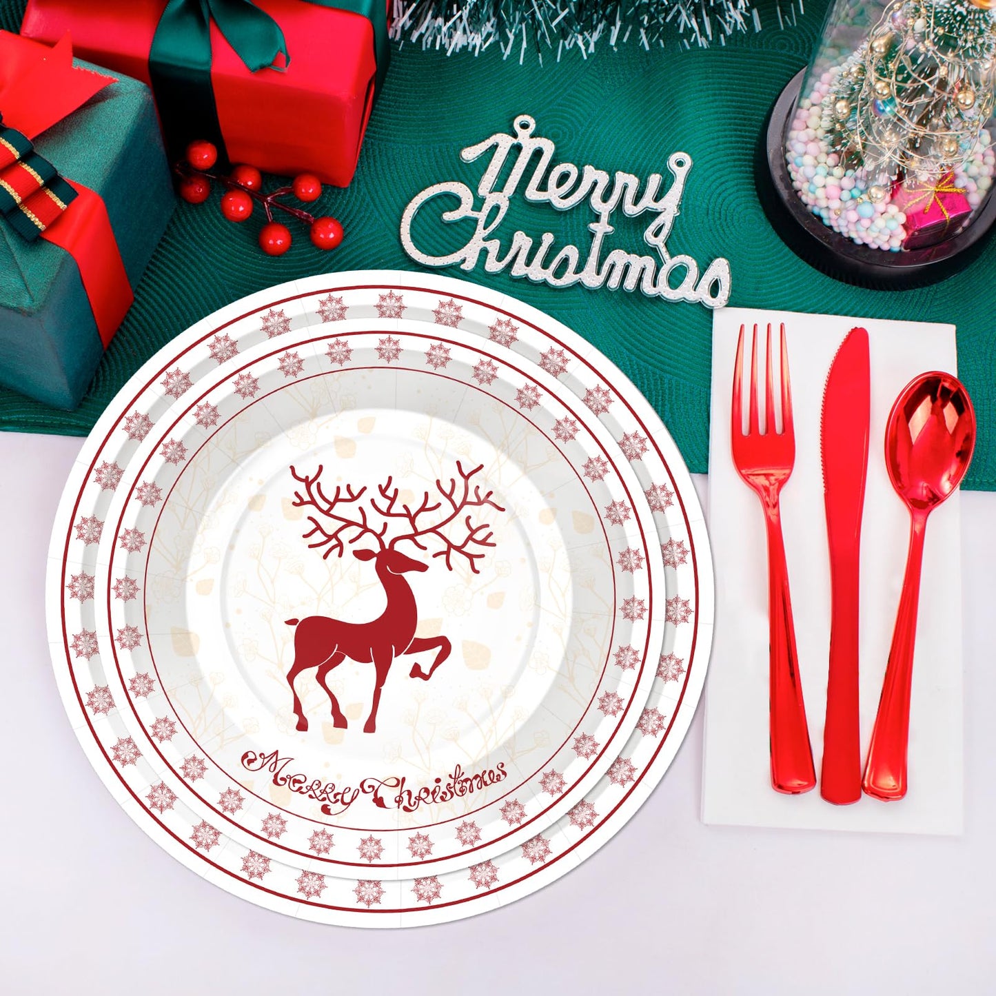 Xionpe 140-Pc Christmas Disposable Tableware Set for 20 Guests - Reindeer Themed Party Supplies with Dinner Plates, Dessert Plates, Napkins, Cups, Forks, Knives & Spoons