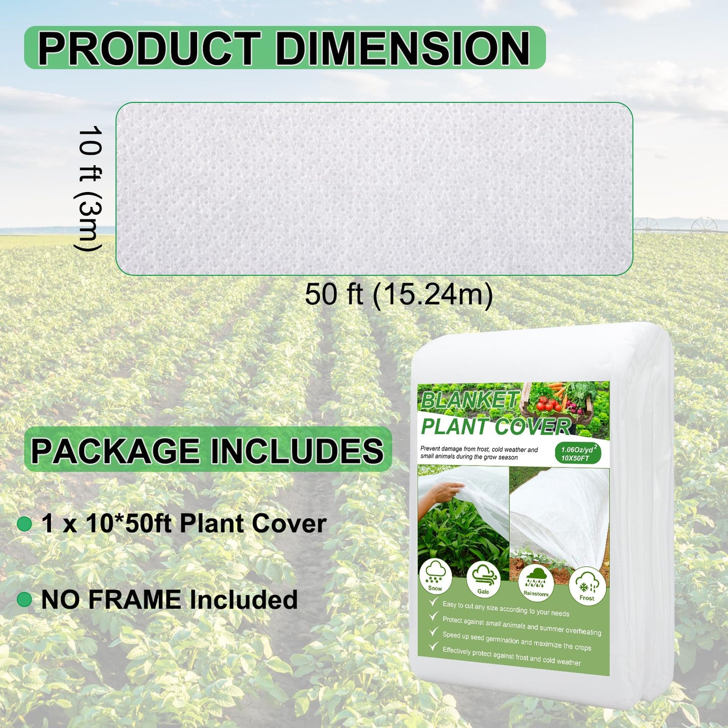 YDSL Plant Covers Freeze Protection 10FT×50FT, 1.06 oz/yd² Floating Row Covers for Garden Beds Pest/Sun Protection, Frost Cloths for Outdoor Plants for Vegetables Flowers Fruits Winter Protection