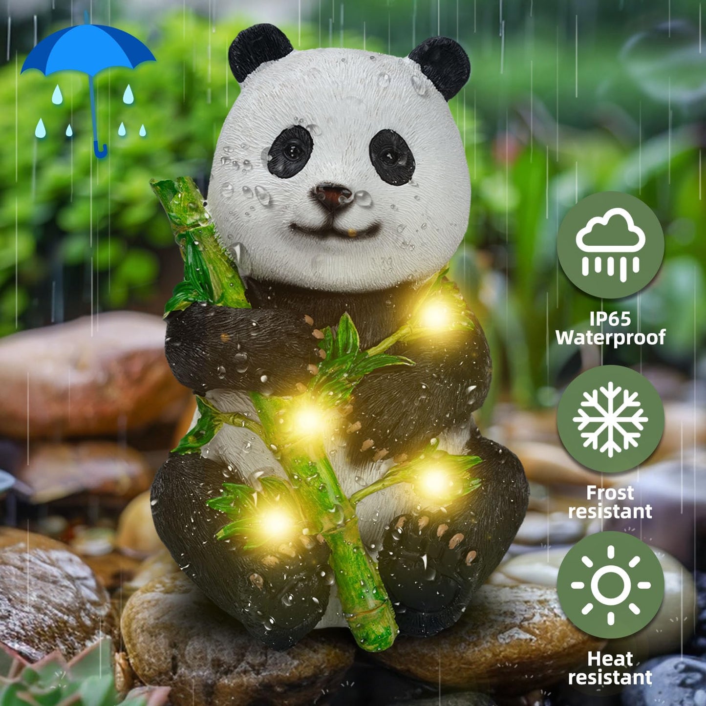 Tolatr Garden Panda Solar Lights Bamboo Statues Cute Sculptures Waterproof Resin for Indoor Outdoor Porch Patio Lawn Yard Decorations (Sitting)