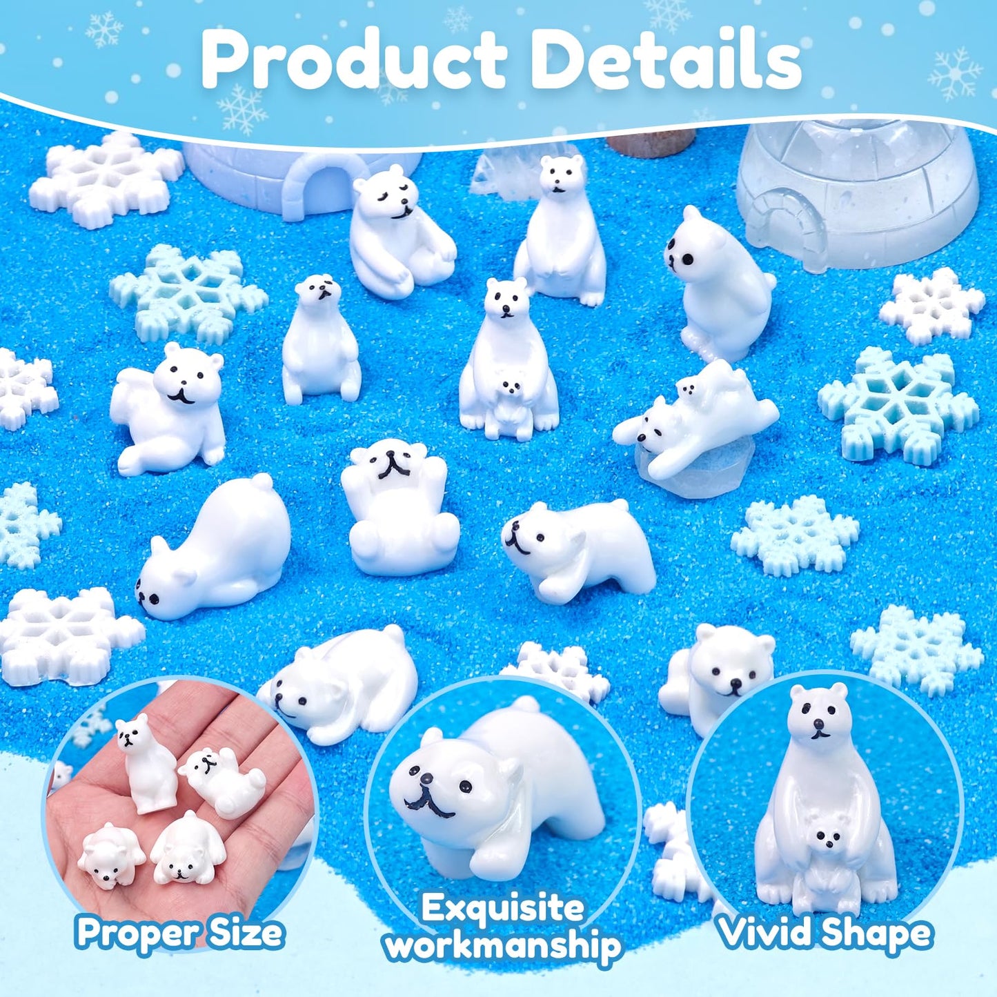 Feivando 40 Pcs Mini Resin Polar Bear Figurines with Snowflakes Tiny Little Winter Resin Animal Miniature Figures for Holiday Crafts Garden Micro Landscape Home Table Decor