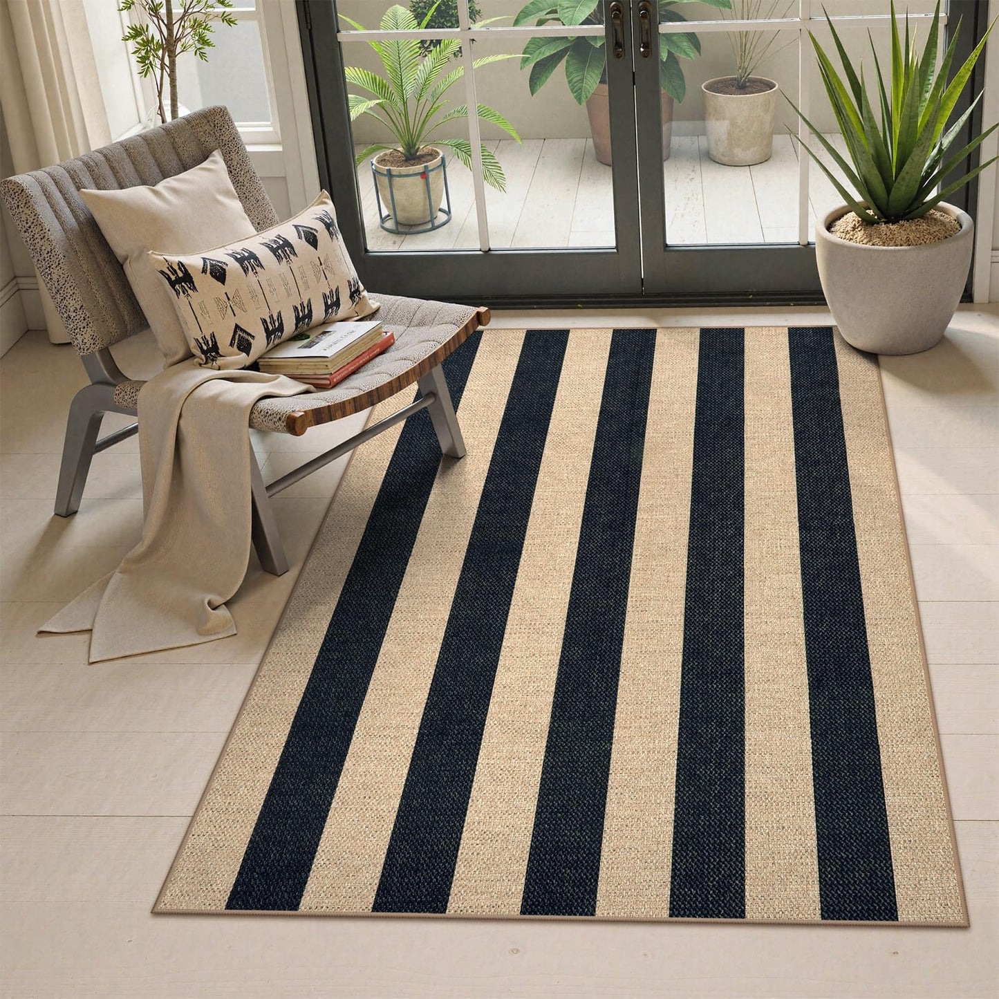 Lahome Striped Easy Jute Outdoor Patio Rug, 3x5 Washable Rugs for Entryway Porch, Farmhouse Neutral Non Shedding Indoor Outdoor Carpet for Entry Kitchen Guestroom Deck Foyer