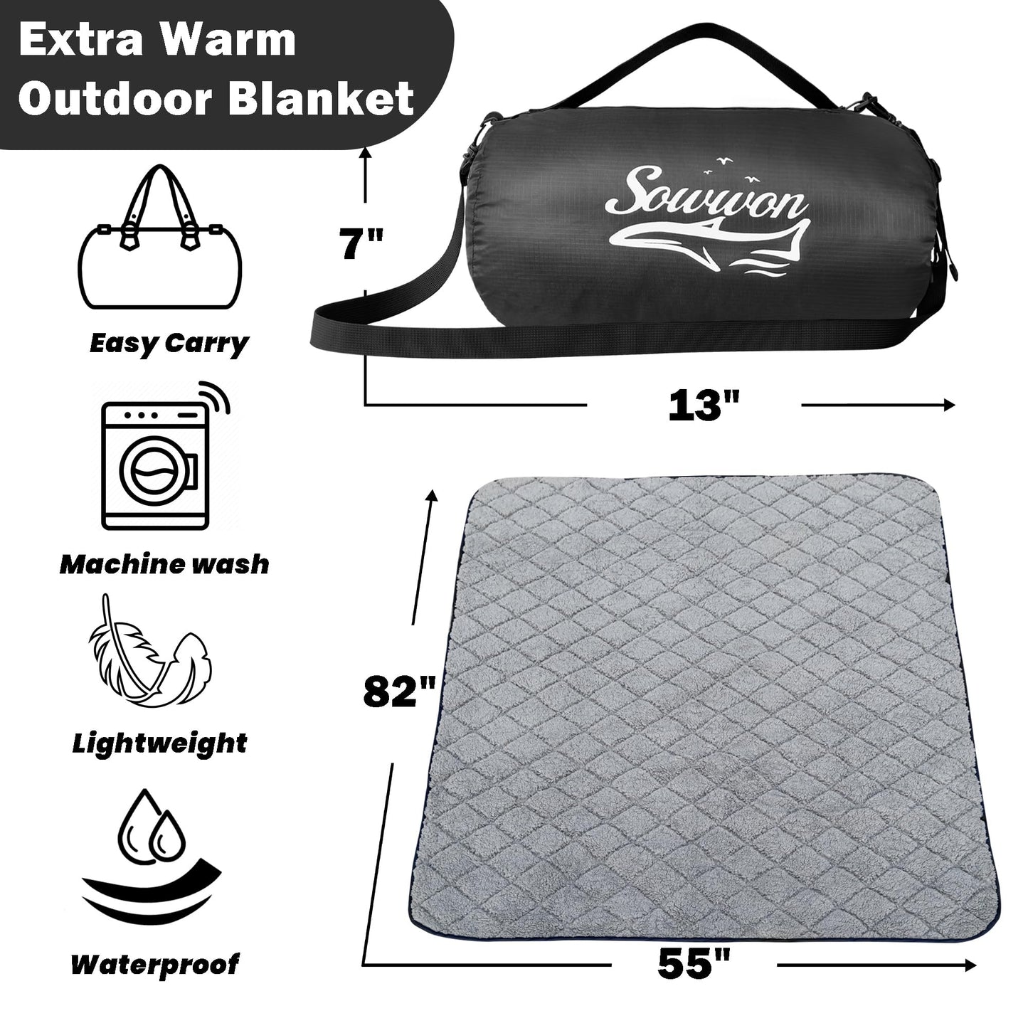 Waterproof Outdoor Blanket 82”X 55” Packable, Stadium Blankets for Camping with Sherpa Fleece Lining, Large Windproof Emergency Throw for Garss Picnic Hiking Road Trip, Machine Washable, Black 300GSM