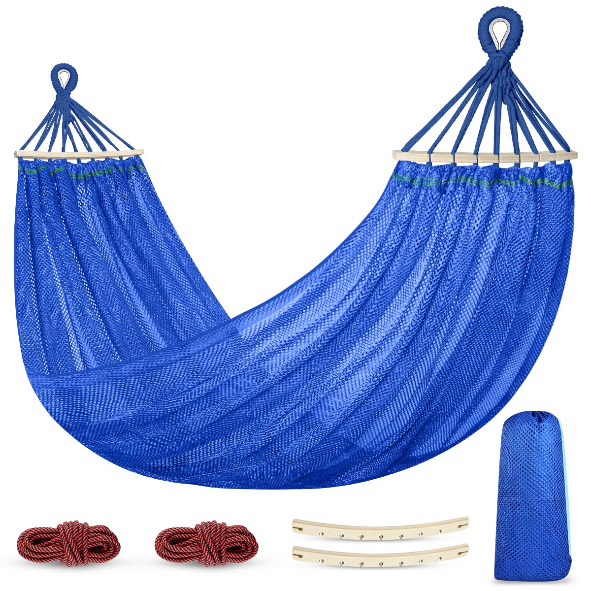 Outdoor Hammock, Super Soft and Breathable Mesh Hammock Made of Cool Nylon with Wooden Bars for Indoor, Balcony, Terrace, Garden, Camping, Backpacking
