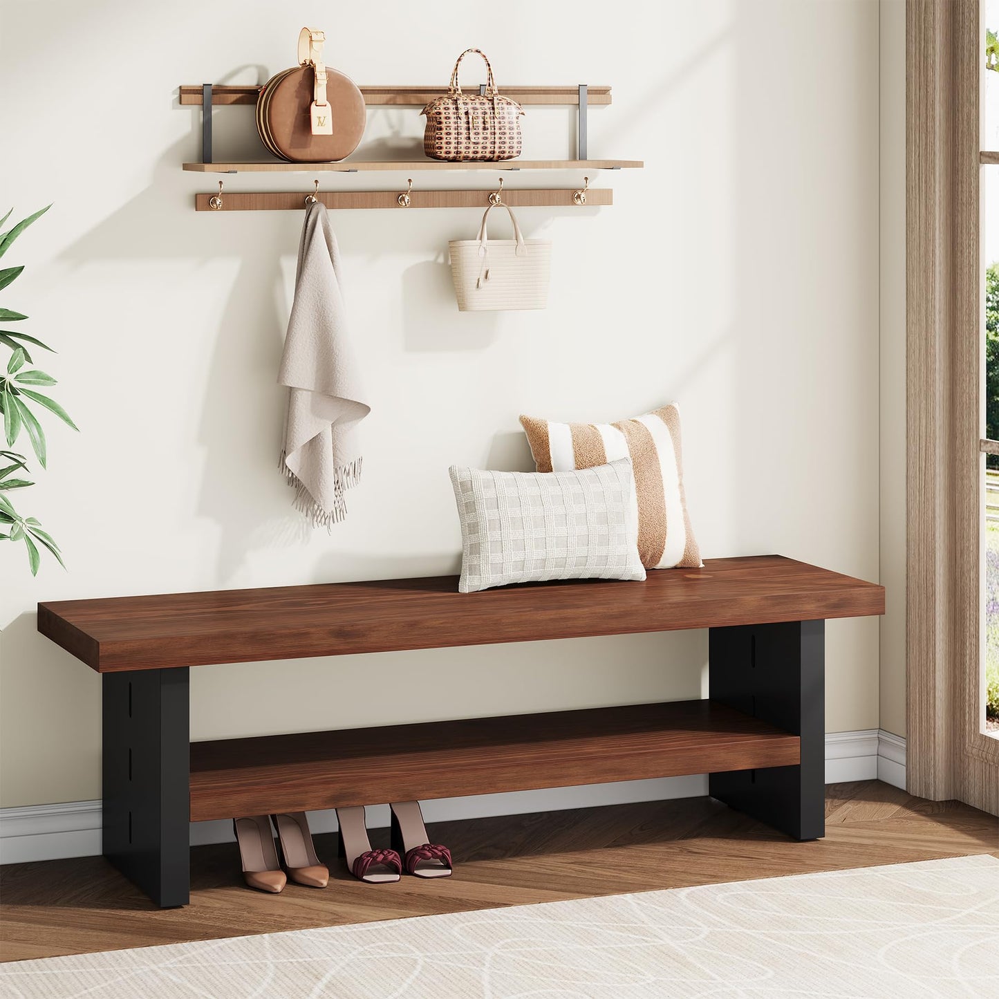 Condemo 47" Solid Wood Entryway Bench with Shoe Storage, 2-Tier Modern Farmhouse Hallway Bench with Open Shelf for Bedroom, Dining Room, Mudroom, Easy Assembly, Dark Walnut & Black