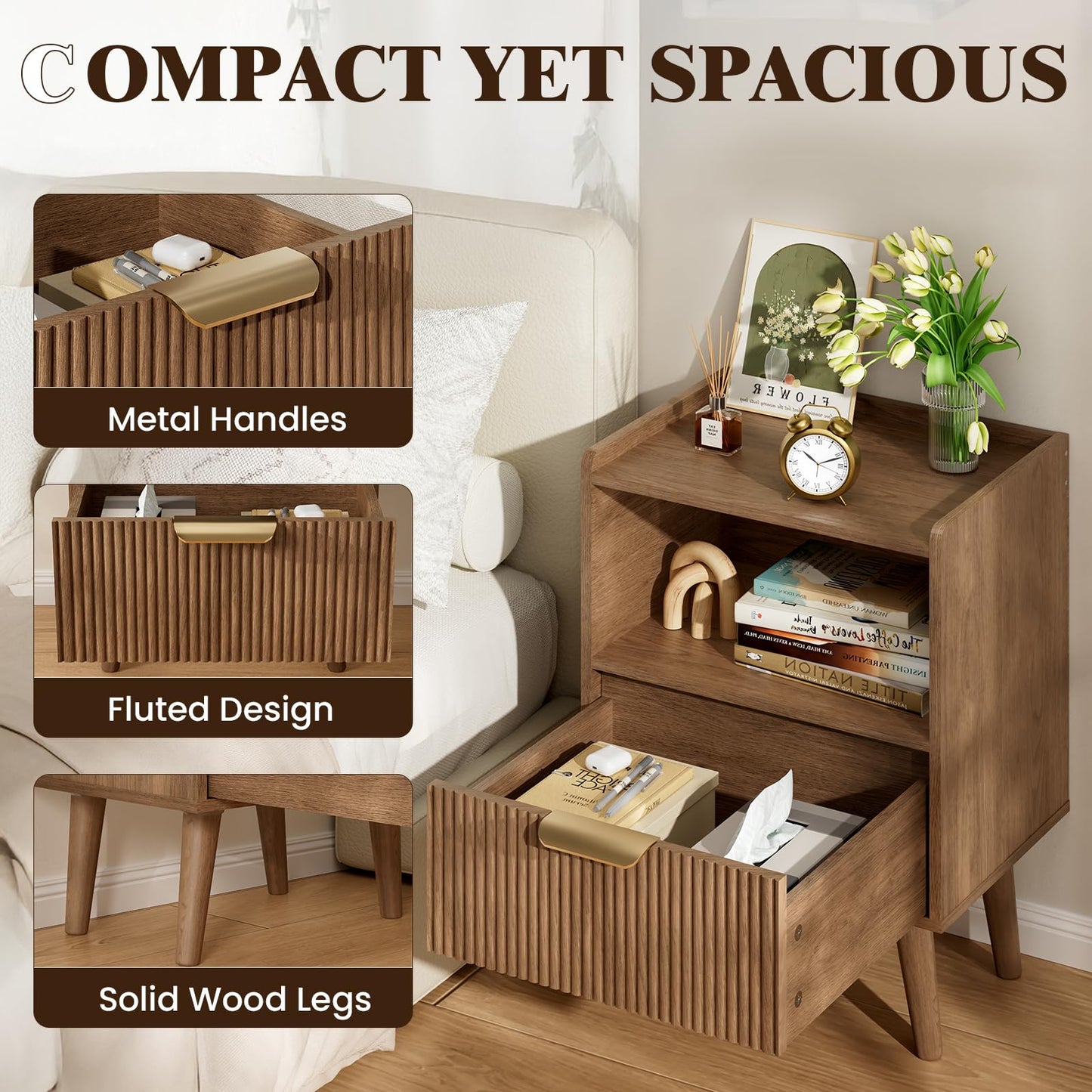 Apicizon Modern Nightstand with Storage Drawer and Open Wood Shelf, Fluted Night Stand with Solid Wood Legs, Bedside Table for Bedroom,Small Spaces, Easy Assembly,Walnut