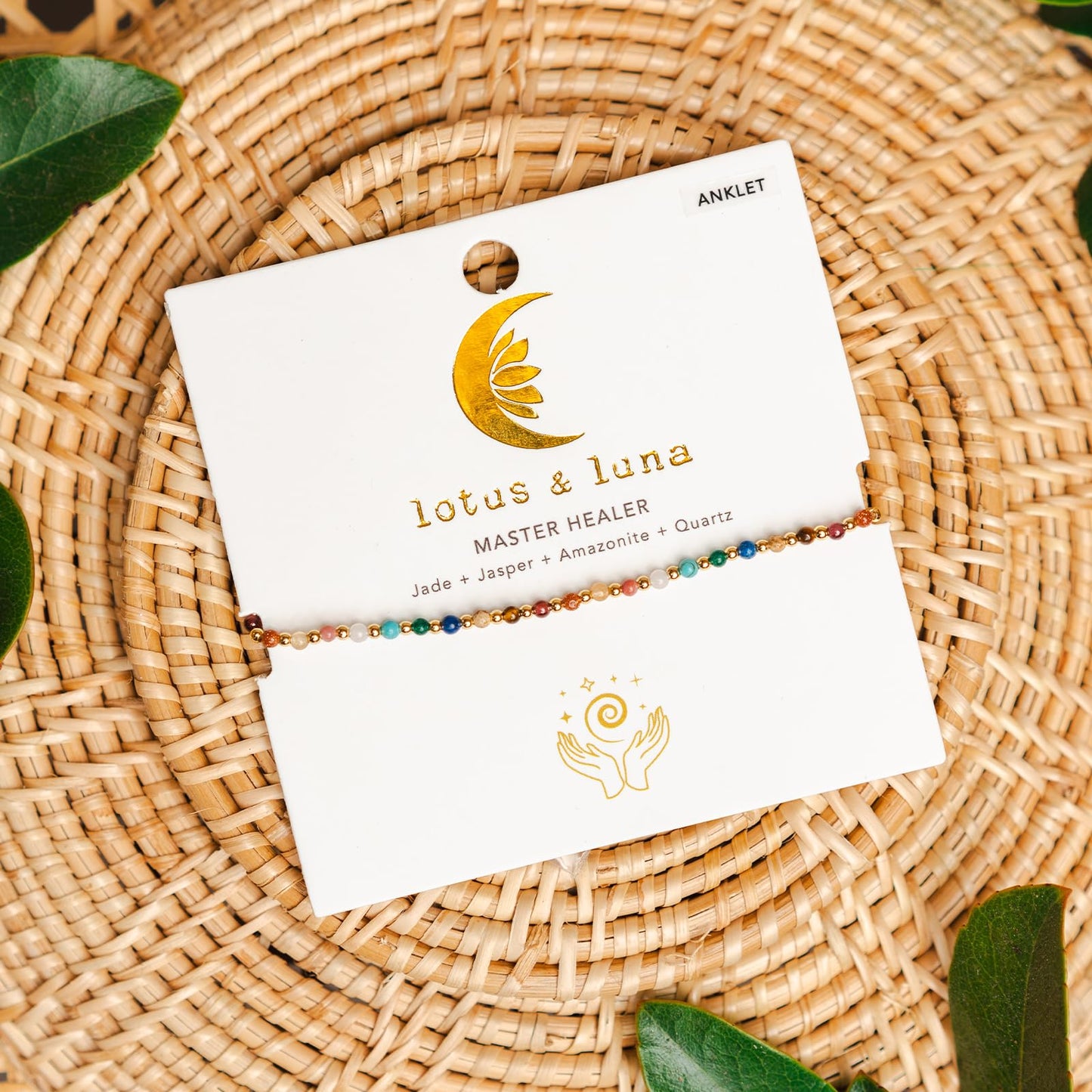 Lotus and Luna 2MM Master Healer Energy Chakra Healing Dainty Anklet with Real Stones Jade, Pearl, Rose Quartz, Amethyst, Moonstone (Yellow Gold)