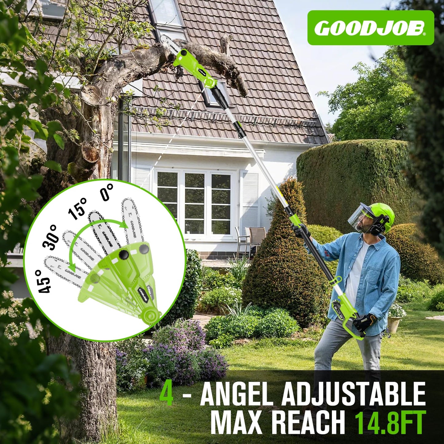 Electric Pole Saw for Tree Trimming, 20V 8-Inch Cordless Pole Chainsaw with Low Kick-Back Bar, Extends to 14.2 Ft, Auto Oiling, 2 Batteries & Fast Charger for High Branches, Orchard & Garden Use