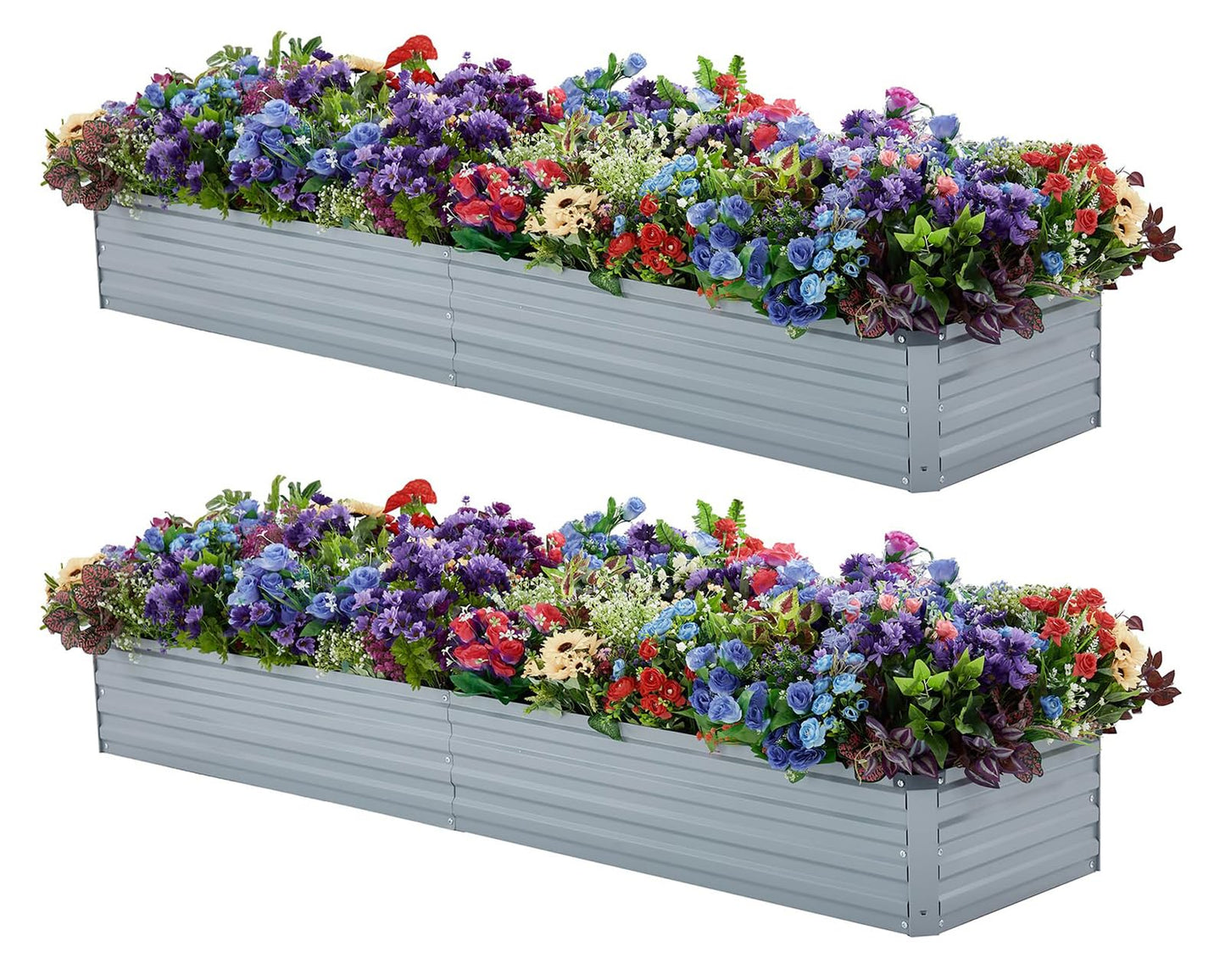 Meberam 2 Pack 8x2x1FT Galvanized Raised Garden Bed Kit, Outdoor Metal Planter Box for Vegetables, Bottomless Rectangular Gardening Bed with Support Rods, Tool-Free Assembly, Gray
