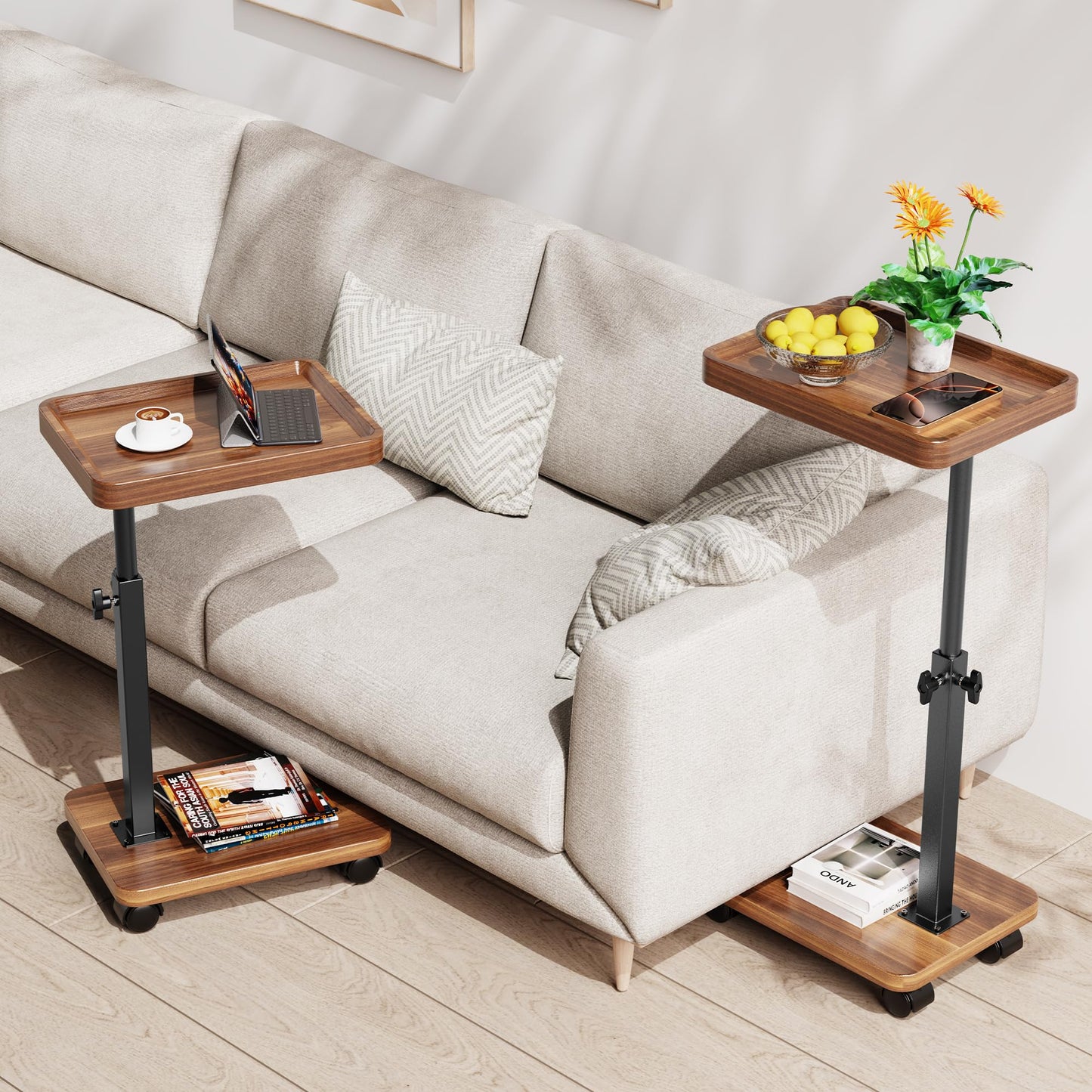 SJIE C Table End Table Adjustable Height, 360°Swivel TV Tray Table for Small Spaces, Side Tables with Wheels for Living Room and Bedroom, Bed (Walnut)