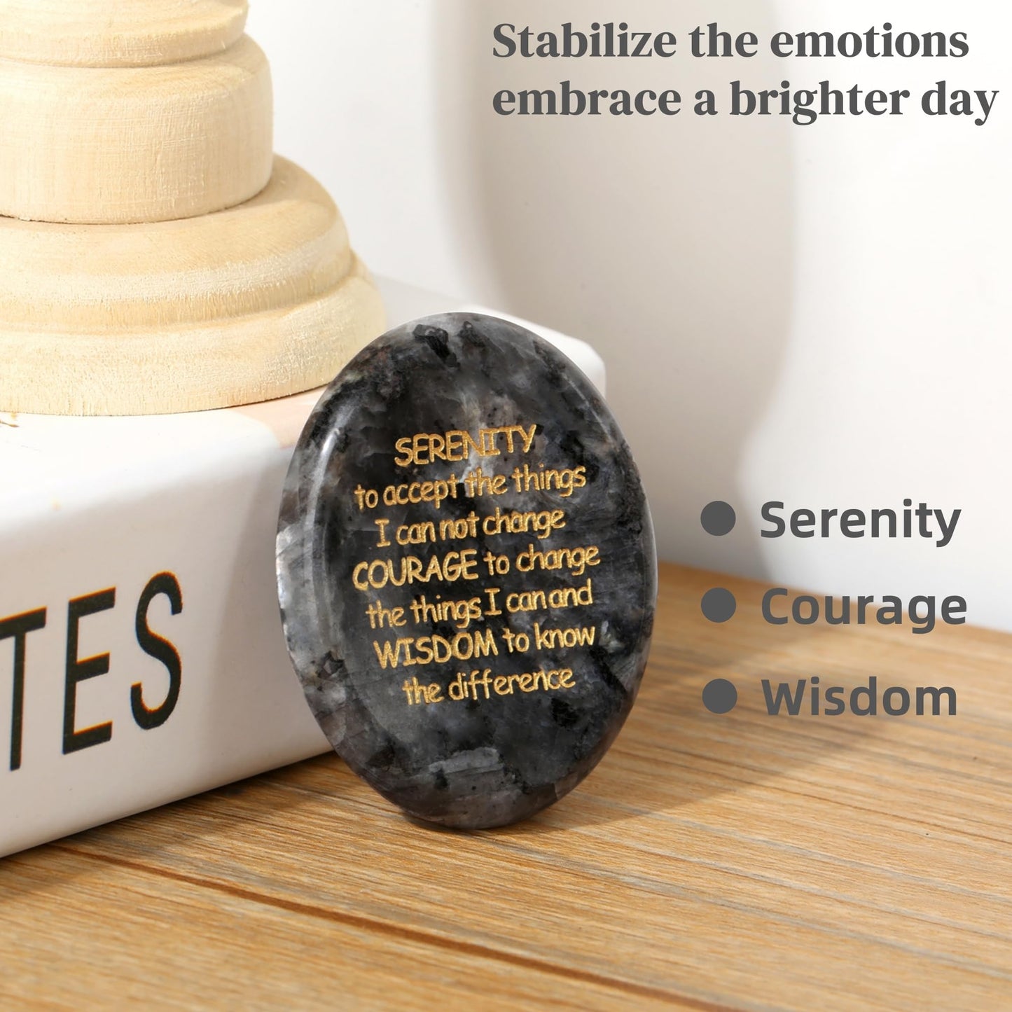 QINJIEJIE Serenity Prayer Black Labradorite Worry Stones Healing Crystals Engraved Inspirational Stones Anxiety Relief Items Sobriety Gifts Encouragement Gifts for Women Men