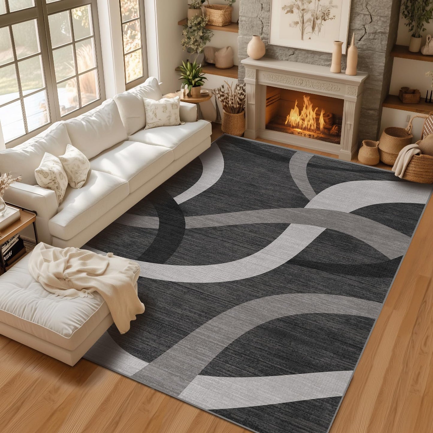 Grey 5x7 Area Rugs for Living Room,Washable Dark Modern Abstract Low Pile Non Slip Carpet for Bedroom,Dining Room,Office,Farmhouse,Home Decor(5x7 Grey)