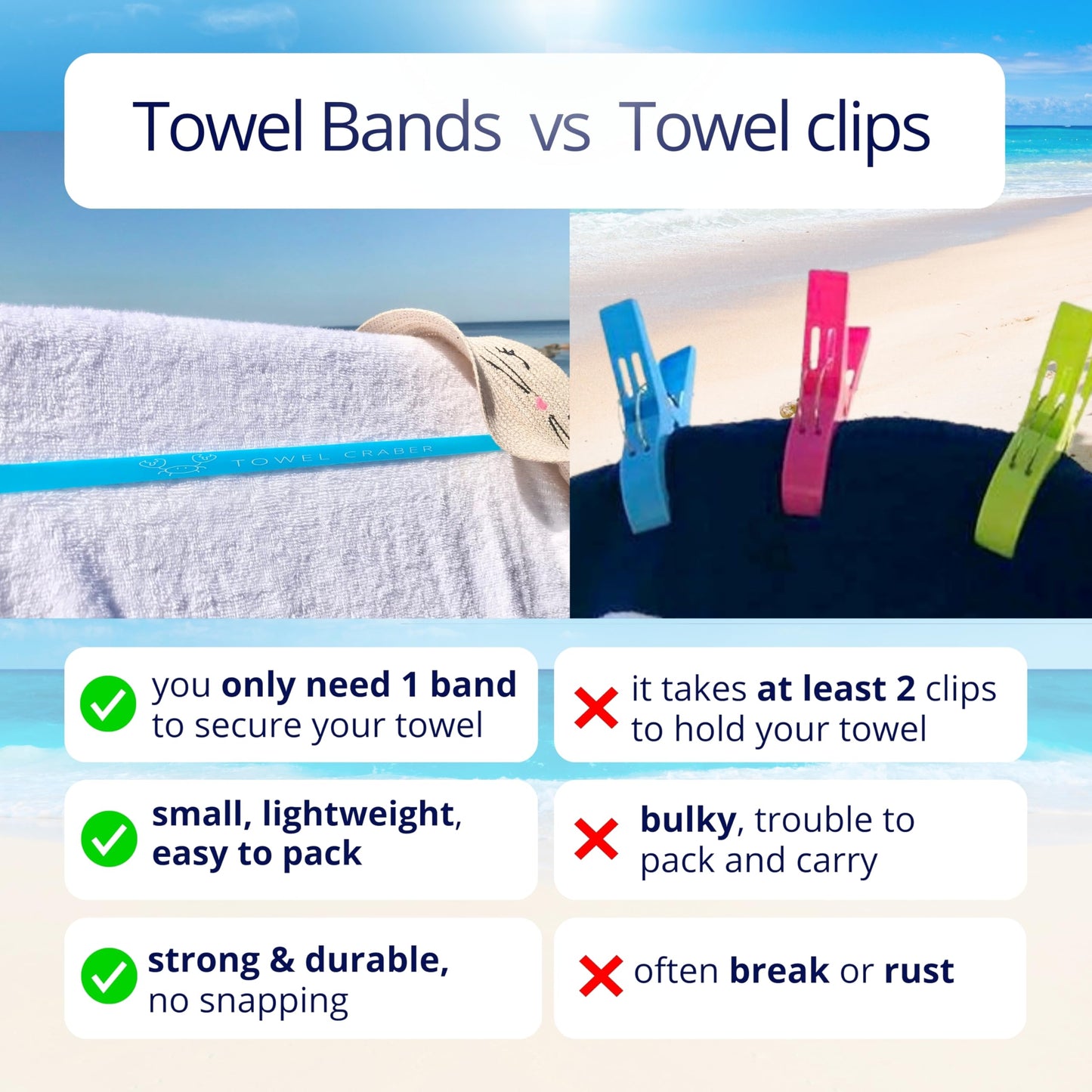 Towel Crabber Towel Bands (6-Pack), Beach Pool & Cruise Chairs, Extra Durable, Cruise Ship & Beach Essentials, Alternative to Beach Towel Clips (3 Regular + 3 Glow in The Dark)