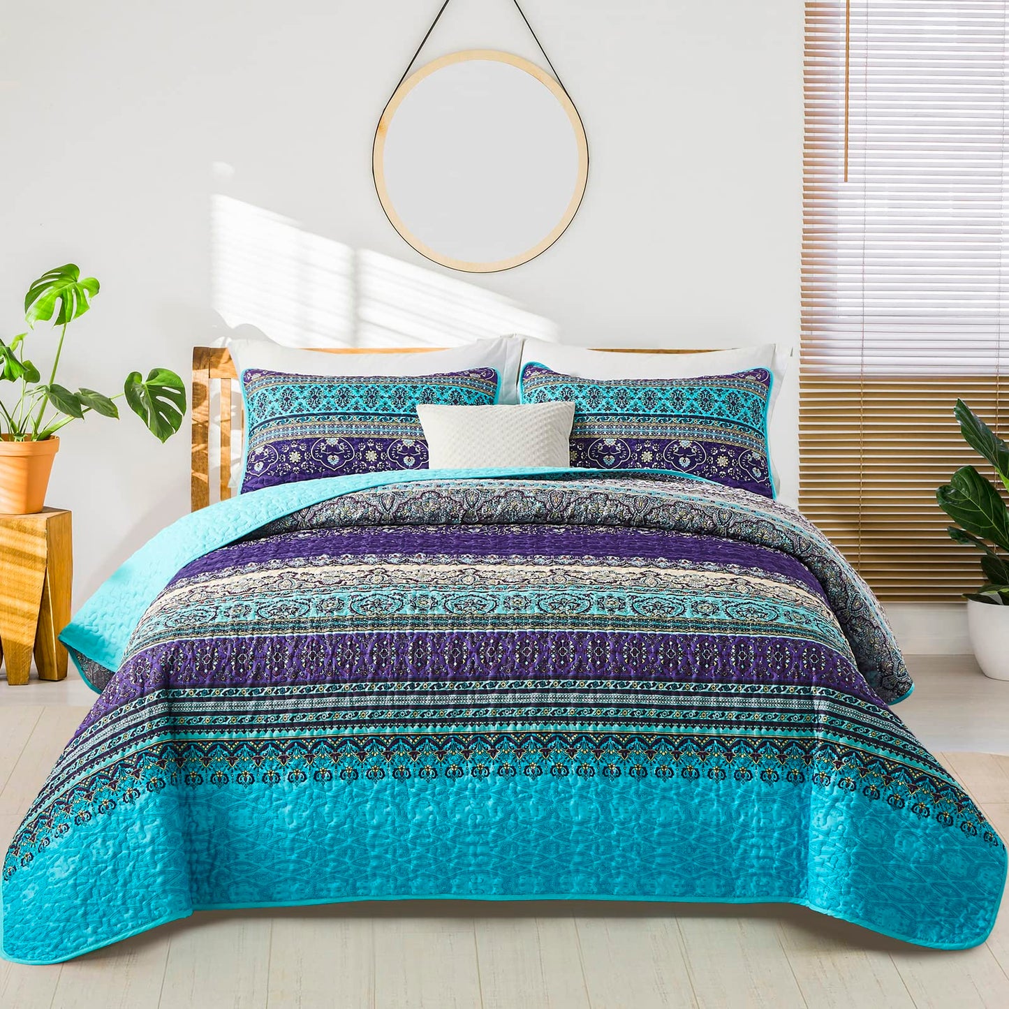 WONGS BEDDING Boho Queen Quilt Set, Blue Purple Bohemian Queen Quilt Bedding Set, Lightweight Microfiber Bed Decor Bedspread for All Season 96"x90"(3 Pieces)