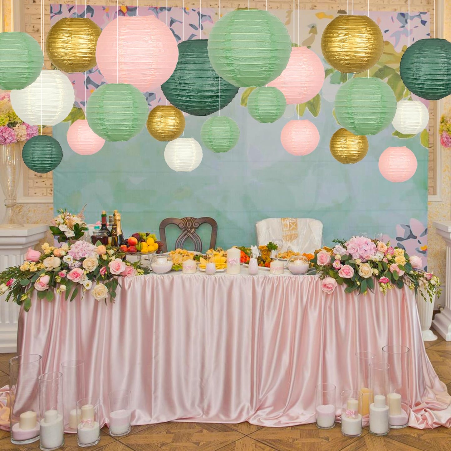 ADLKGG Paper Lanterns Decorative, Hanging Paper Lantern Decorations for Valentines Day Decorations Graduation Wedding St. Patrick's Day Neutral Baby Shower Home Decor Sage Green/Pink/Gold 21pcs