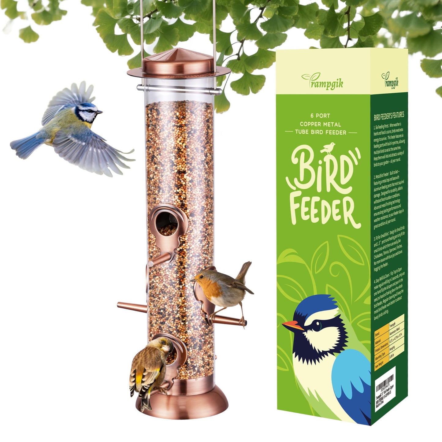 TrampgiK Bird Feeders for Outdoors,13 Inch 6 Ports Squirrel Proof Bird Feefers,Finch Feeder for Outside,Chew-Proof Metal Hanging Bird Feeder,Rust-Proof,Easy to Refill & Clean,Copper,Pack of 1