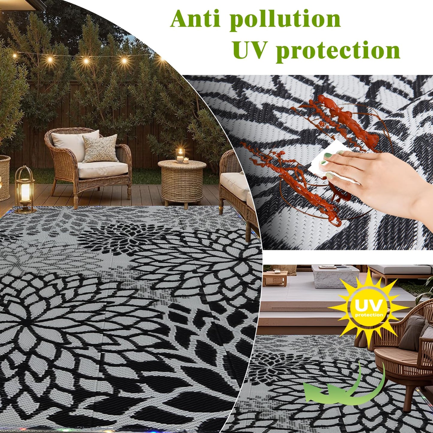 YONILE Outdoor Rug 8x10 ft with LED Light, Waterproof Reversible Outdoor Plastic Straw Rug for Patios Clearance, Large Outdoor Area Rug Carpet RV Mat for Camping Backyard Deck Porch Beach