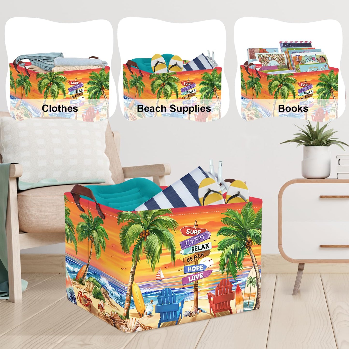 Clastyle Summer Beach Towel Storage Basket Palm Tree Lounger Kid Gift Toy Box Baby Laundry Hamper Collapsible Large Clothes Organizer Nursery Bin for Outdoor, Seashores, 40 * 30 * 30 cm